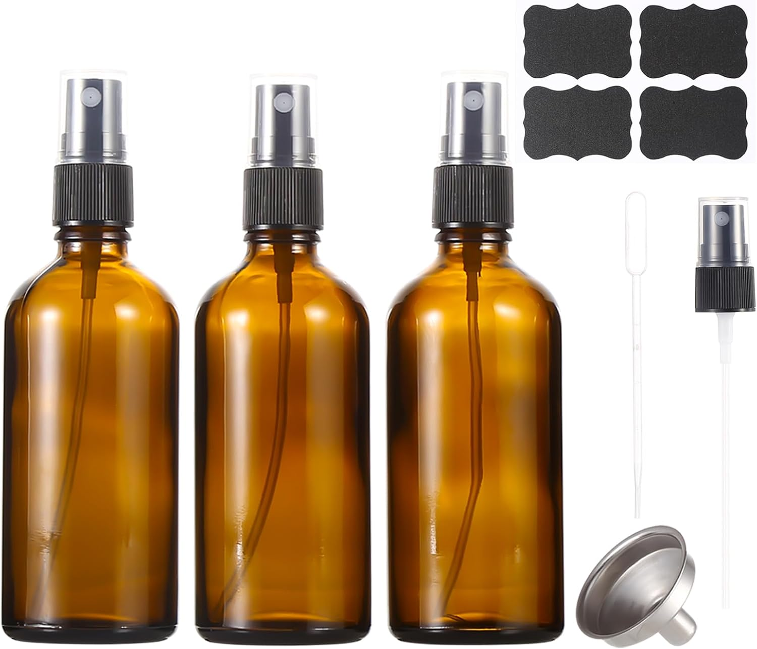 3.4Oz Amber Glass Spray Bottles,Empty Fine Mist Refillable Travel Spray Bottle for Cleaning,Perfume,Aromatherapy,Cosmetic Sprays,Hair,Essential Oils with Fine Mist Dispenser(3 Pack)