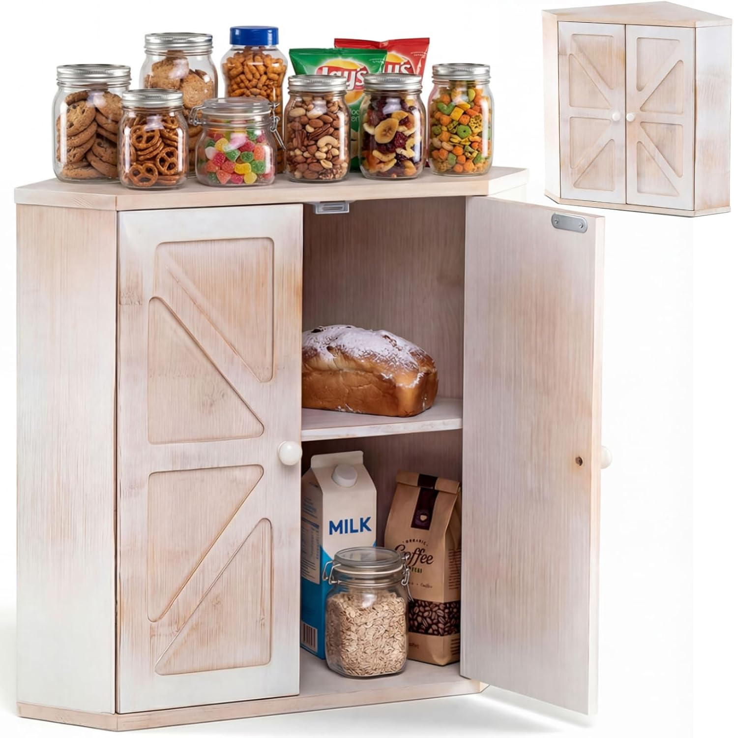 Corner Bread Box for Kitchen Counter, Bamboo Double Layer Breadbox Organizer with Adjustable Shelf, Large Capacity Bread Storage Bin, Farmhouse Storage Container for Homemade Bread