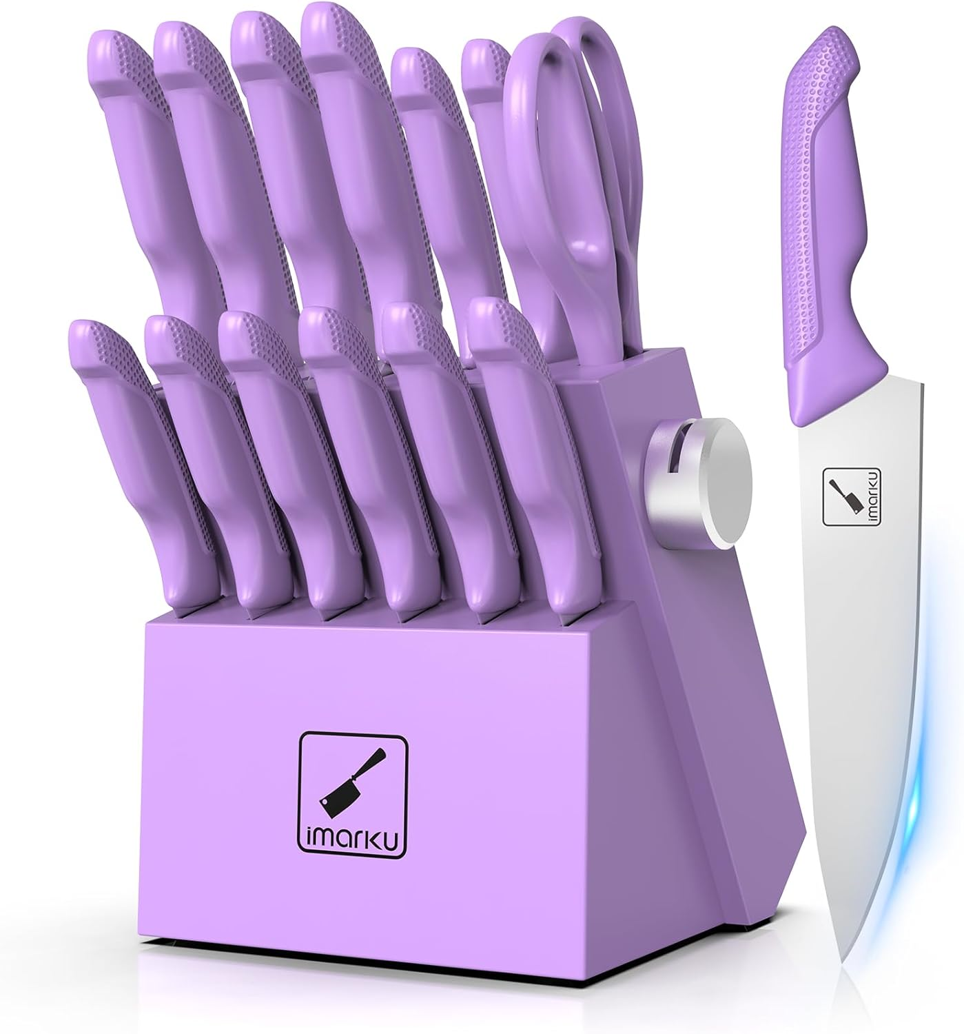 Imarku 14-Piece Professional Knife Set with Built-In Sharpener, Stainless Steel Blades, Non-Slip Ergonomic Handles, Dishwasher Safe, Lavender