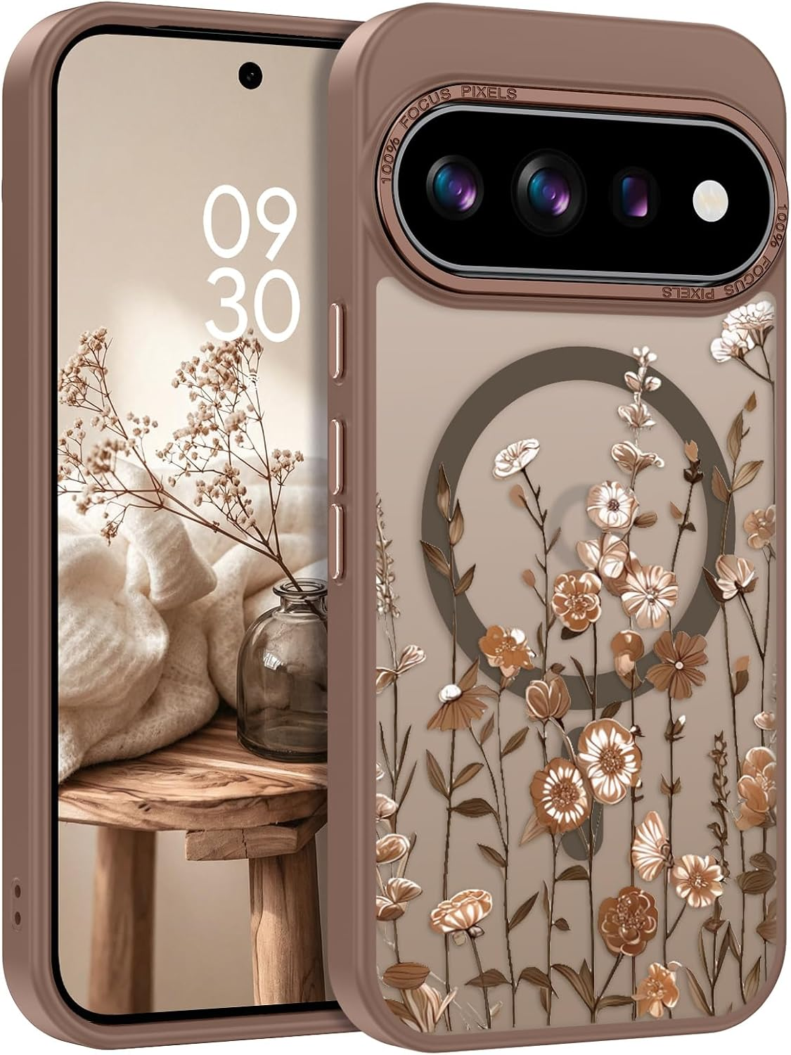 for Google Pixel 11/11 Pro Case, Magnetic Flowers Design - Brown