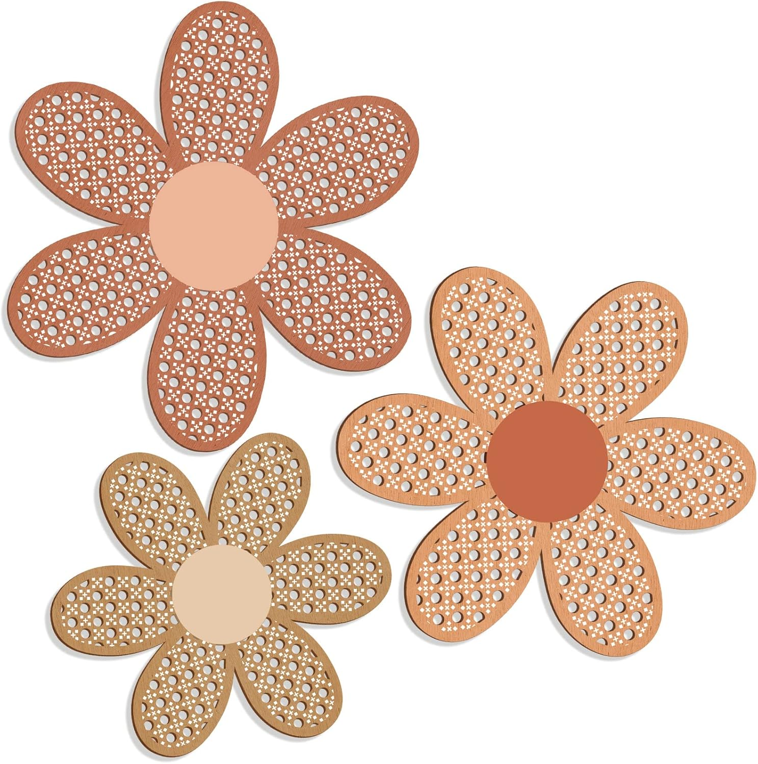 3 Pieces Boho Daisy Wall Decor Natural Rattan Flower Wall Hanging Art Wooden Boho Art Nursery Flowers Farmhouse Hanging Decor for Home Office Nursery(Fresh Color)