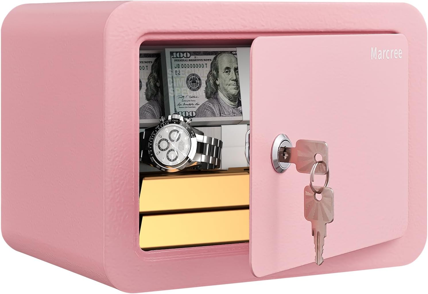 0.23 Cubic Small Safe Box for Home, Mini Safes for Kids, Pink Safe with Key, Security Cabinet Safes with Cutting-Edge Bending, Lock Box with Keys for Money Cash, 6.69X 9.06X 6.69 Inches, Pink