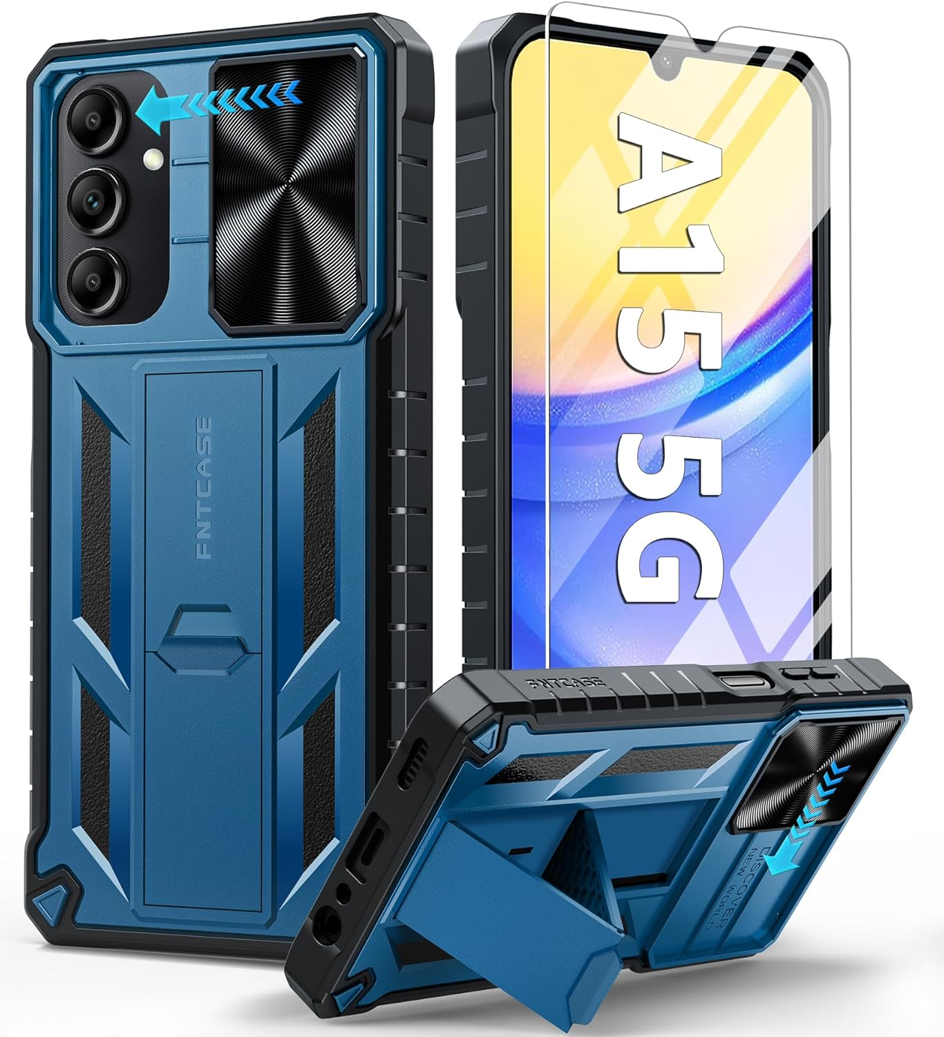 FNTCASE for Samsung Galaxy A15-5G Case: Protective Shockproof Rugged Military Grade Drop Protection A15 Cell Phone Mobile Cover with Kickstand | TPU Matte Textured Tough Hybrid Hard Cases - Blue