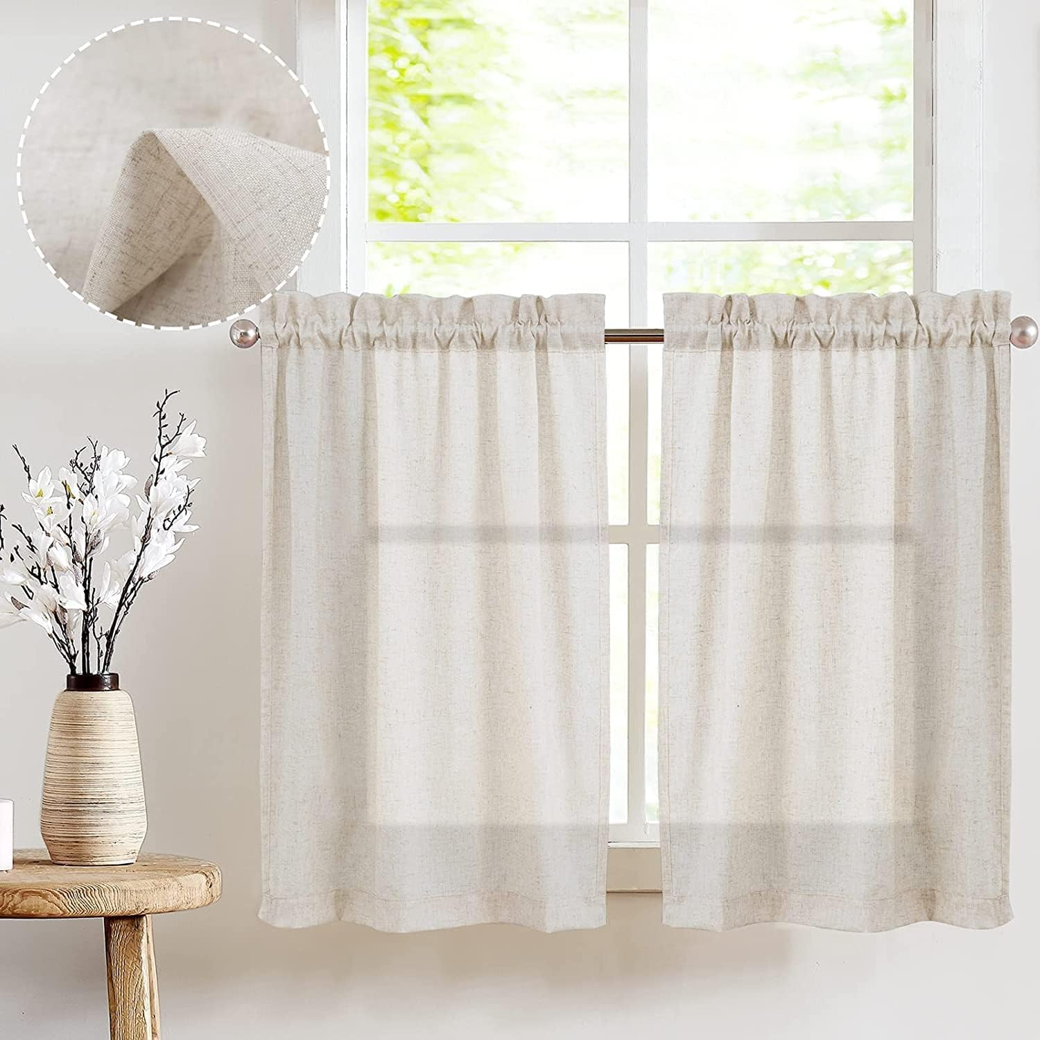 Beige Kitchen Curtains Linen Tier Curtains 24 Inch Farmhouse Cafe Curtains Light Filtering Small Window Curtains Flax Country Rustic Rod Pocket Bathroom Laundry Room RV 2 Panels Crude