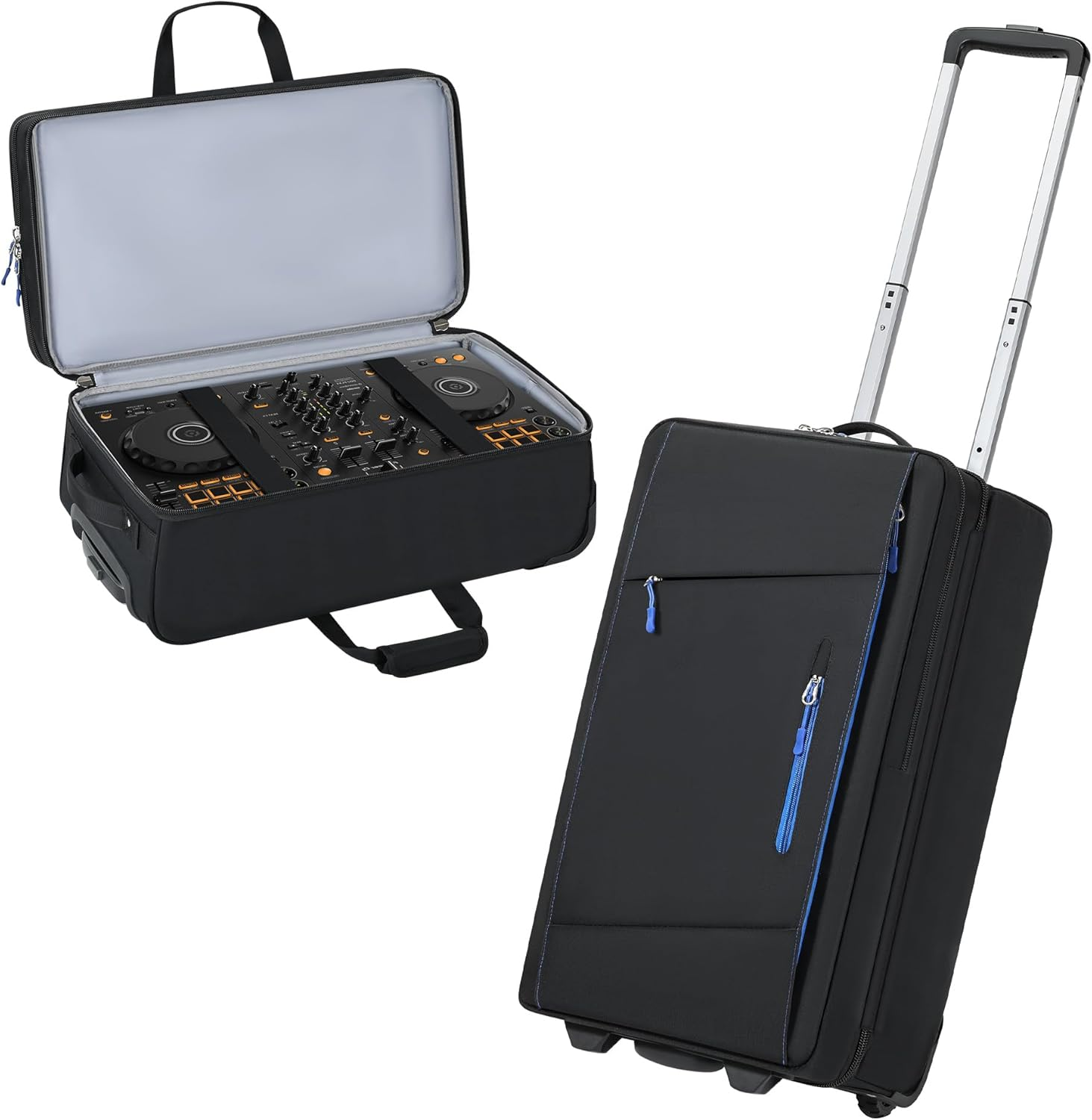 DJ Controller Case with Wheels Compatible with DDJ FLX4 / 400 / REV1 / SB3, DJ Case Soft Padded with Multi-Pocket for DJ Controller & Accessories, DJ Carry Bag with Retractable Handle (Blue)