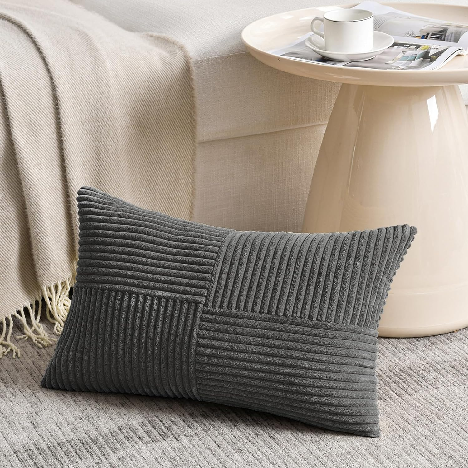Dark Gray Lumbar Decorative Throw Pillow Covers 12x20 Inch for Living Room Couch Bed Sofa, Farmhouse Home Decor, Soft Striped Corduroy Rectangle Accent Cushion Case 30x50 cm