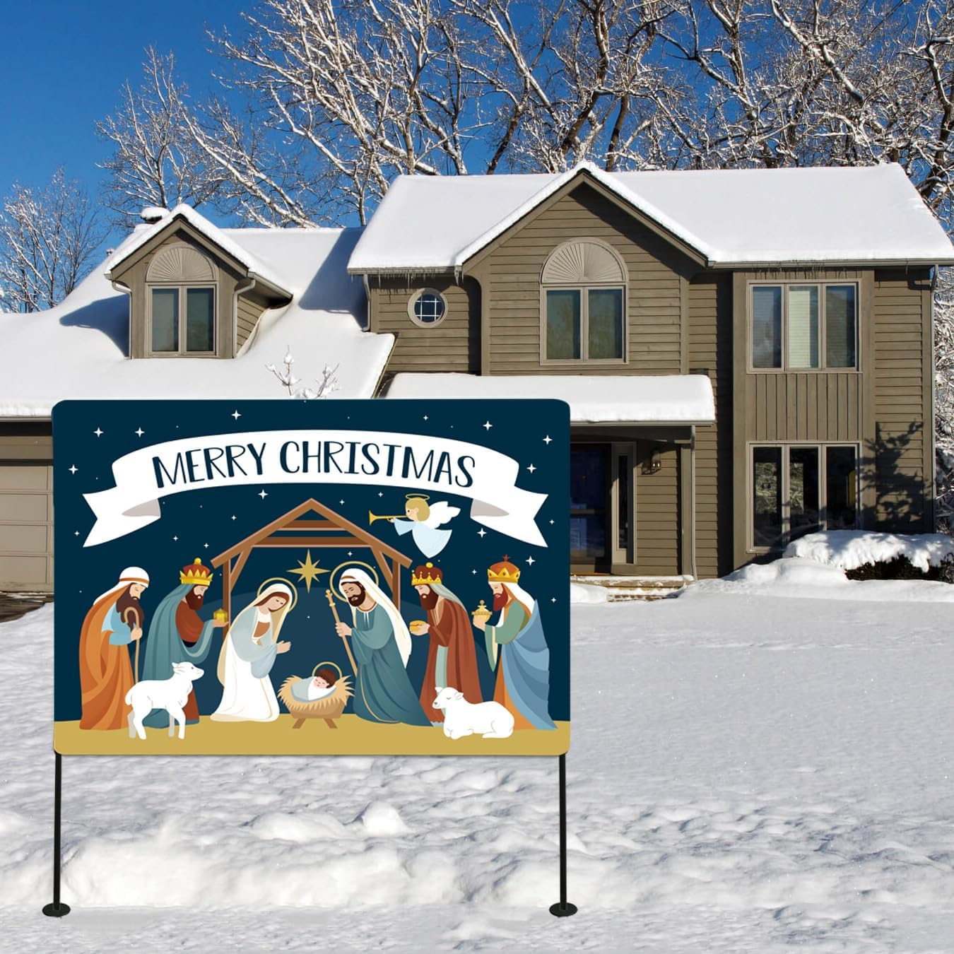 Christmas Decorations Outdoor Yard Nativity Scene Yard Sign Reversible Dual Religious Manger Scene Yard Sign for Garden Lawn Christmas Decorations Holy Family Nativity Scenes (Garden Sign Large)