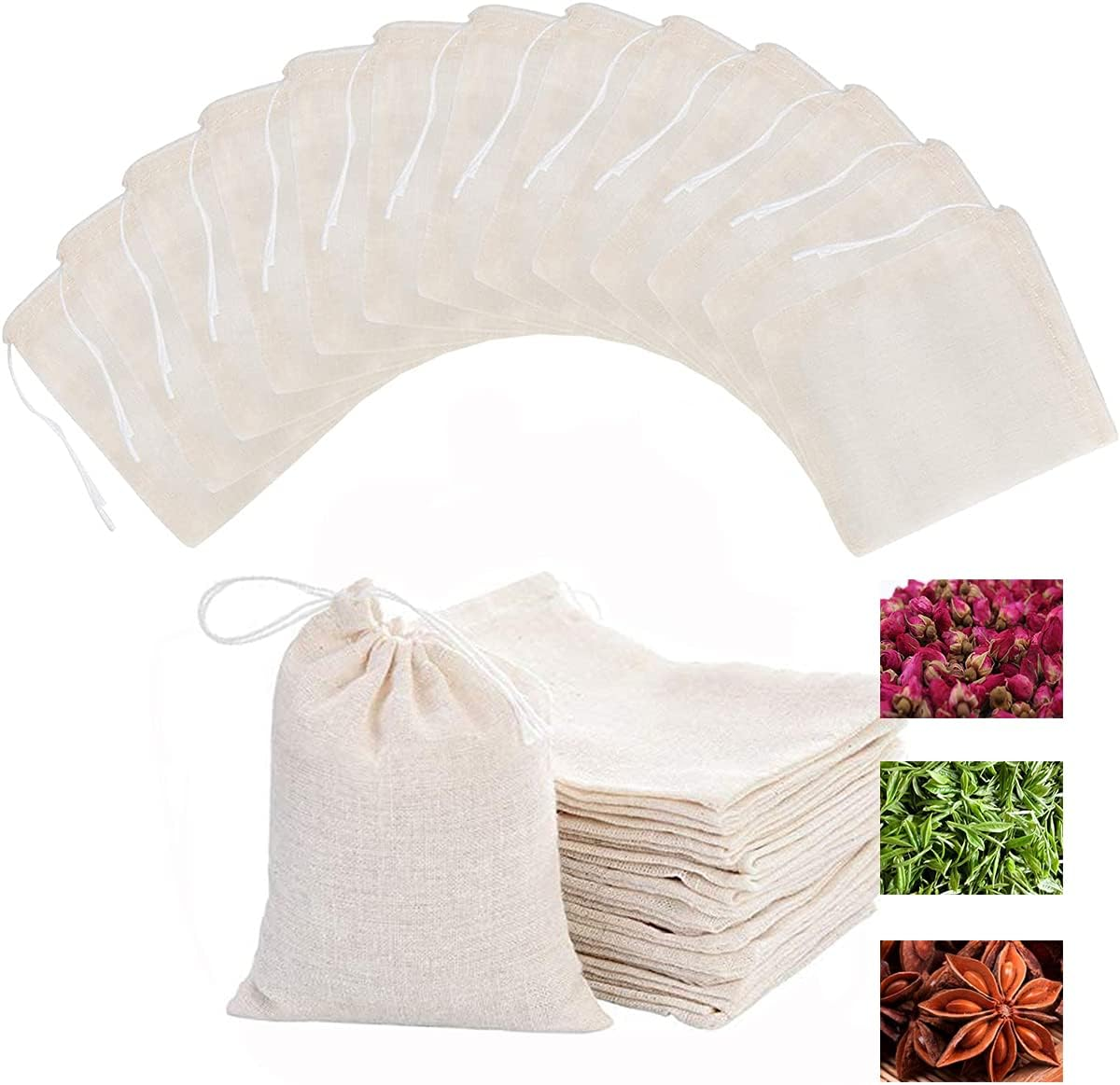 Reusable Sachet Drawstring Packing Bags Cheesecloth Cold Brew Coffee Bags 4X3Inch 50 Pcs for Spice,Tea Filter,Dried Herbs,Cooking,Soup,Odds and Ends Tare Weight Saver Wrap Cotton Bag (Natural - 50Pcs)