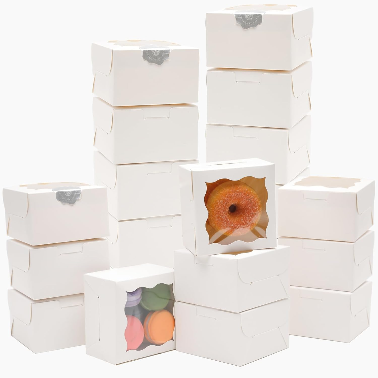 60 Packs White Bakery Boxes with Window 10.16X10.16X6.35Cm Small Donut Pastry Boxes for Party (4X4X2.5 Inch)