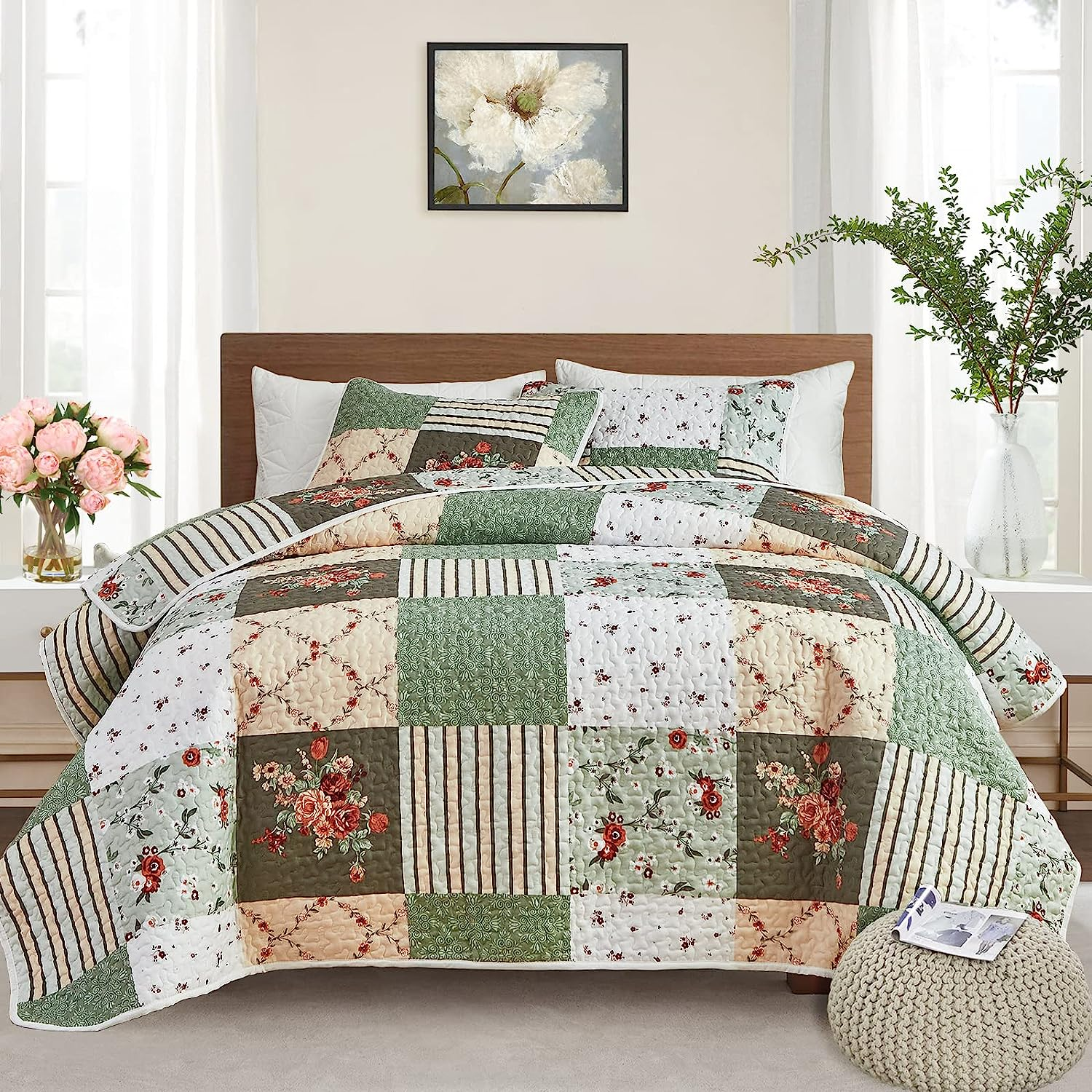Patchwork Quilt Set Full/Queen Size, 3 Pieces Green Floral Plaid Summer Bedspread Coverlet Set, Soft Microfiber Reversible Lightweight Bed Cover for All Season (90