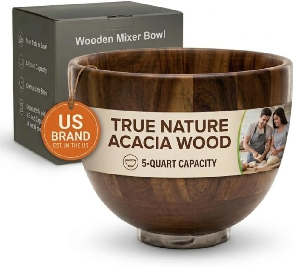 5 Qt Acacia Wood Mixing Bowl for 4.5 and 5 Qt Kitchenaid Mixers | Solid Acacia Wood Bowl with Stainless Steel Locking Base for Compatible 4.5 and 5 Qt Kitchenaid Tilt-Head Mixers