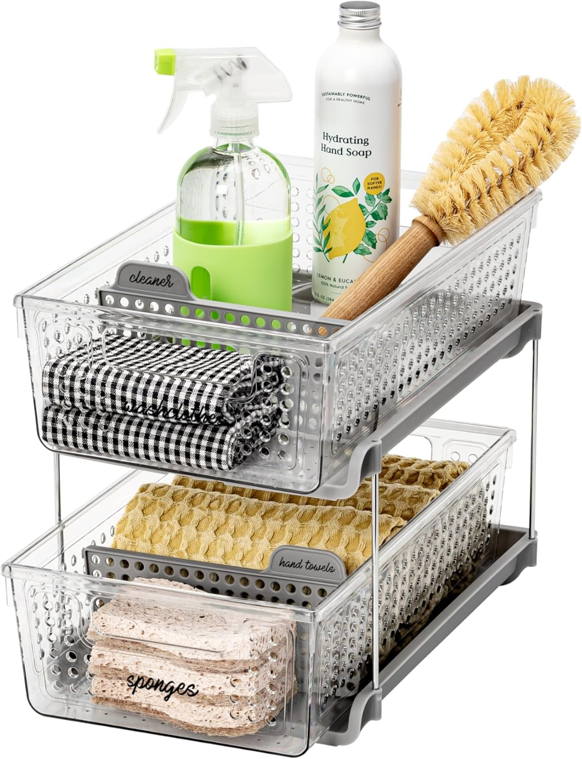 2-Tier Organizer, Multi-Purpose Slide-Out Storage with Handles and Dividers for Home and Bath, BPA Free, Clear/Gray