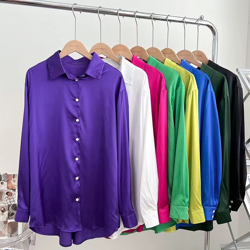 Fashion Casual Satin POLO Collar Single Breasted Long Sleeve Irregular Shirt Top Women Fall