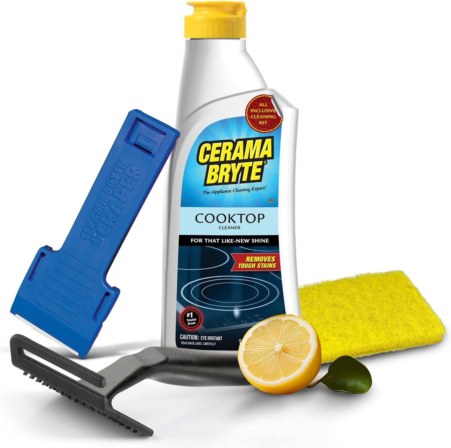 Cerama Bryte Glass Cooktop Cleaner Combo Kit with POW-R Grip, Scraper, Pad Removes Tough Stains, Stovetop Cleaner for Glass - Ceramic Surfaces, 10 Ounces, 4 Piece