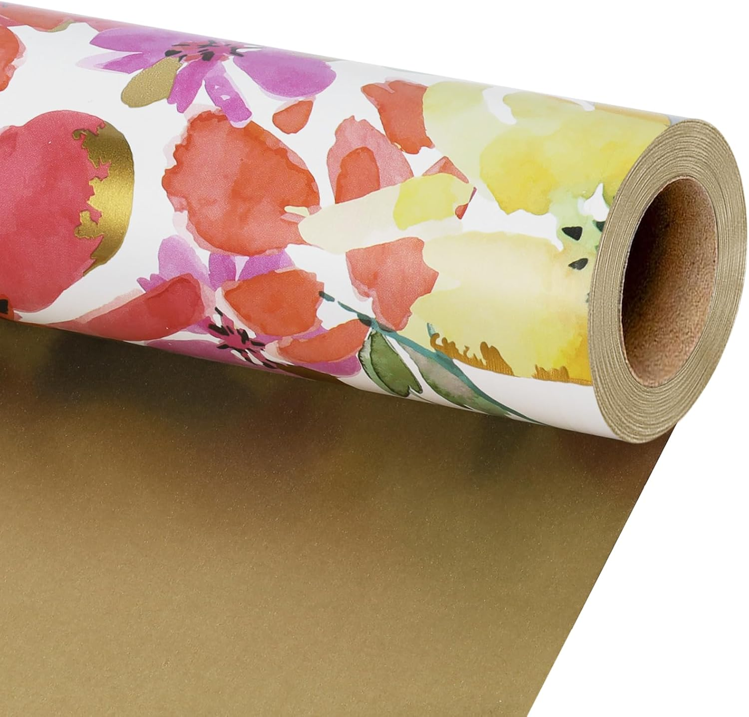 Reversible Floral Wrapping Paper Roll - 17 Inches X 33 Feet (47 sq. ft. ttl.) Watercolor Abstract Poppy Design Flower Gift Wrap for Wedding, Bridal Shower, Mother's Day,Engagement