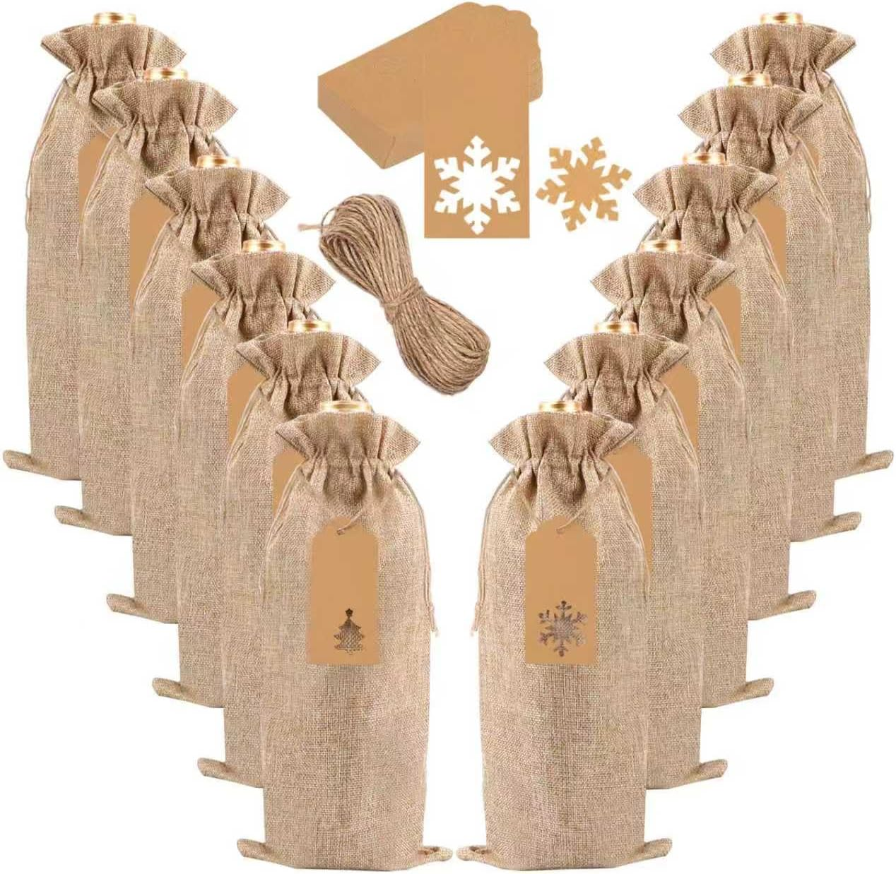 12 Pcs Burlap Wine Bags, Wine Bottle Gift Bags Reusable Jute Bottle Covers with Drawstrings Gift Tags for Christmas Wedding Birthday Blind Tastings Party(Natural)