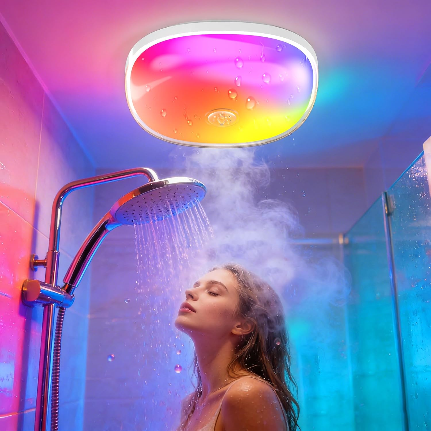 IP65 Waterproof Rechargeable Shower Light - 6โณ 300LM Bright, 16 Colors Bathroom Mood Lighting with Touch & Remote, Magnetic Wireless Ceiling/Wall Light for inside Shower/Bathtub