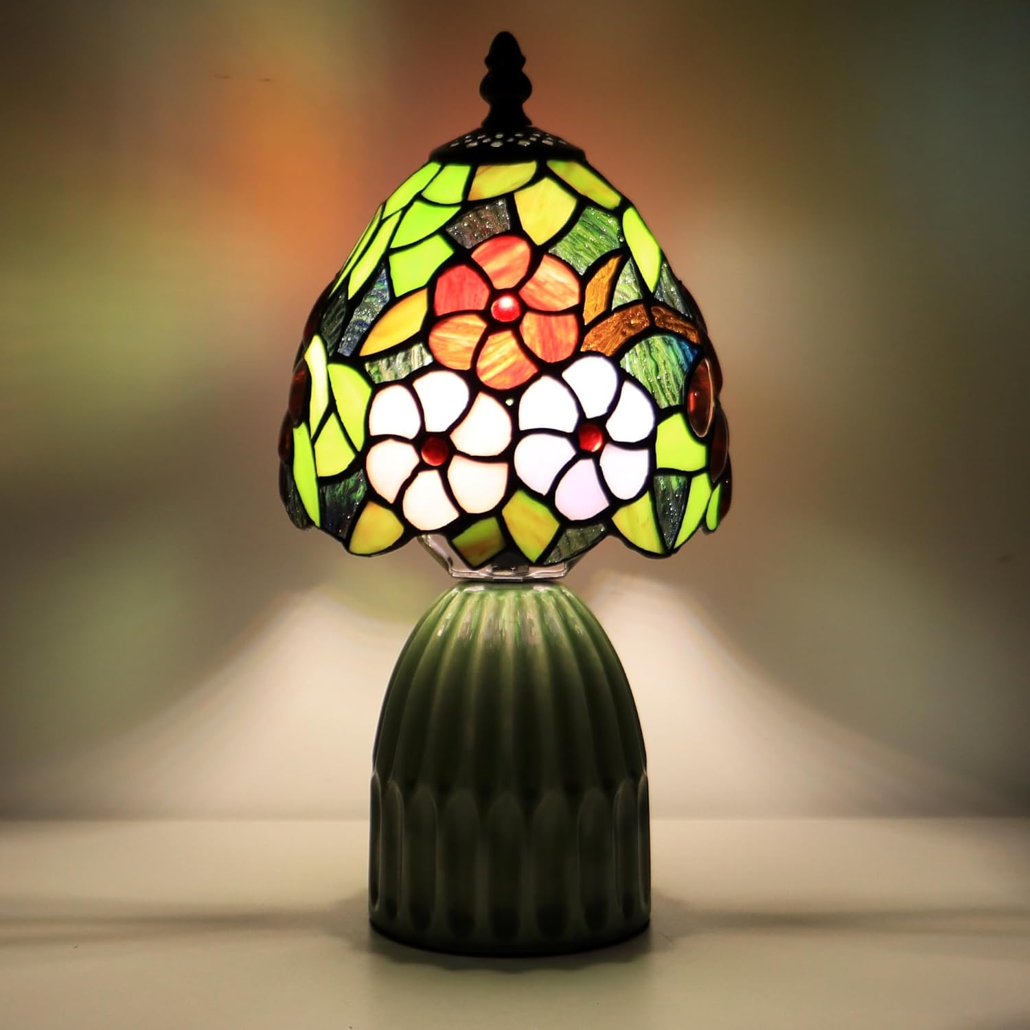 Tiffany Lamp Stained Glass Mushroom Table Lamps 6X6X12.5 Inch Amber Grape Style Small Night Light Ceramic Base Mini Accent Desk Light Suitable for Bedside Table Bedroom Children Room