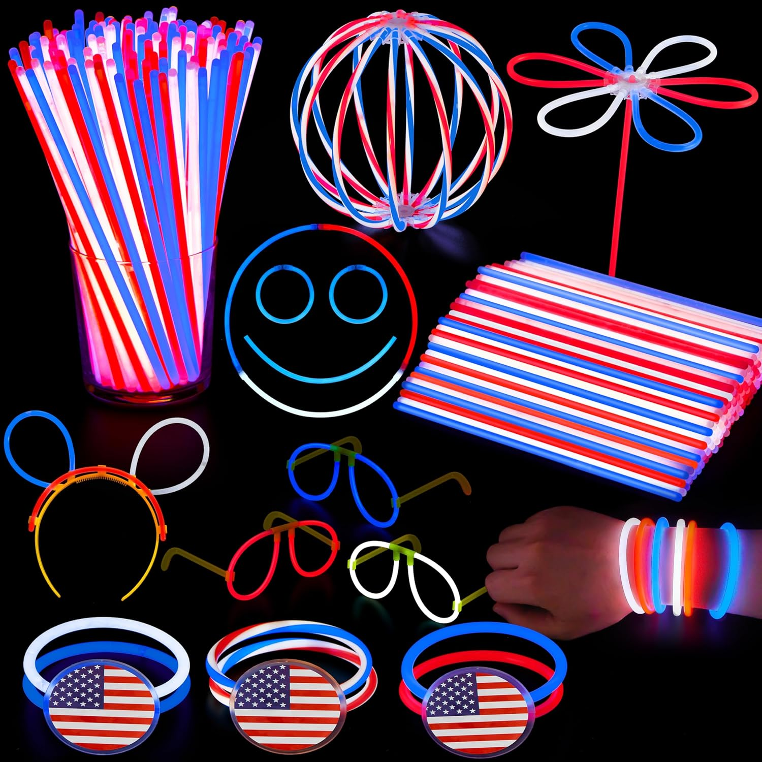 120 Pcs 4Th of July Glow Sticks Bulk, 8” Red White Blue Striped Lightup Sticks with Connectors, Glow in the Dark Headband Bracelet Necklace for Independence Day Party Favor Accessory Supply