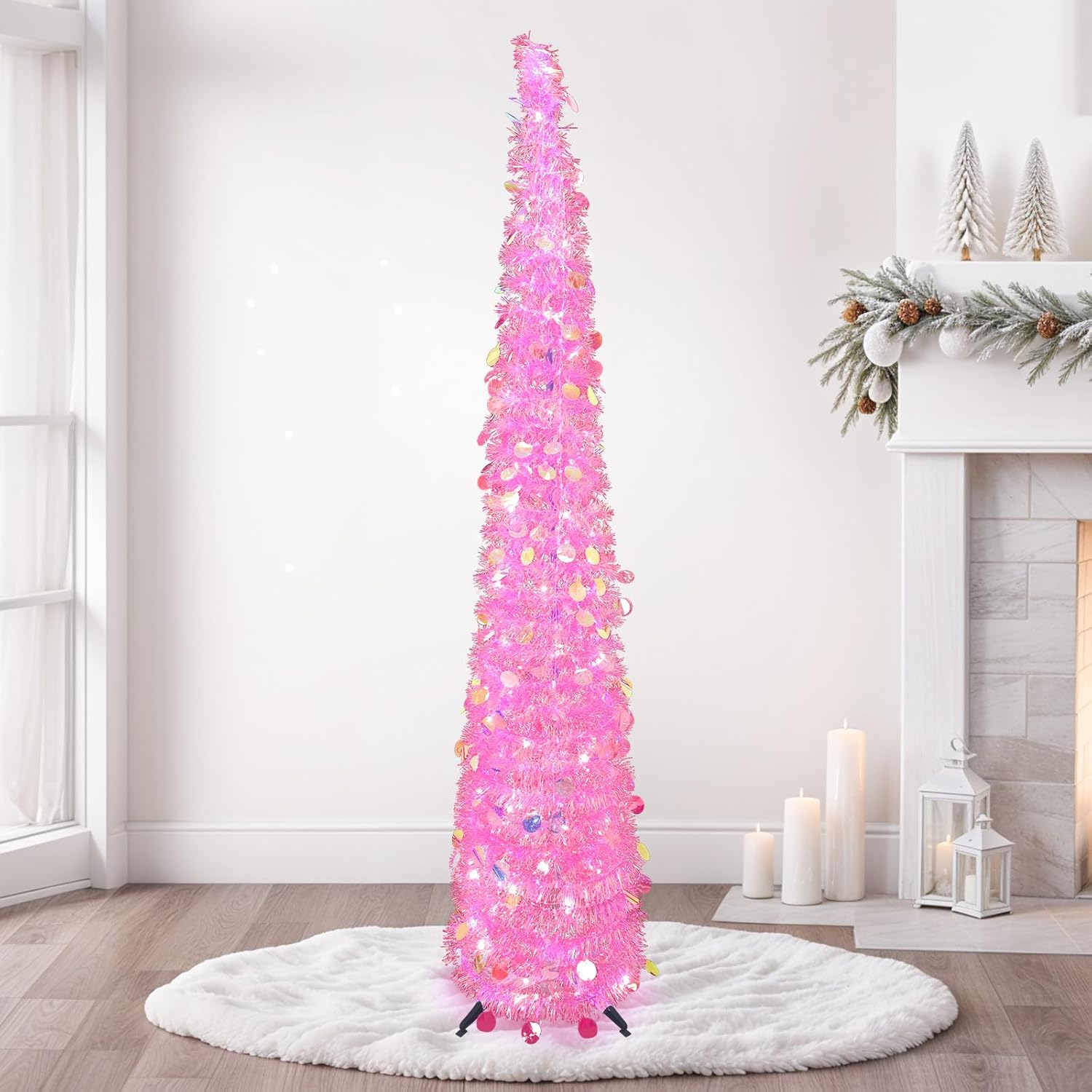 5 FT Pink Pop up Christmas Tree with 60 LED Lights, Tinsel