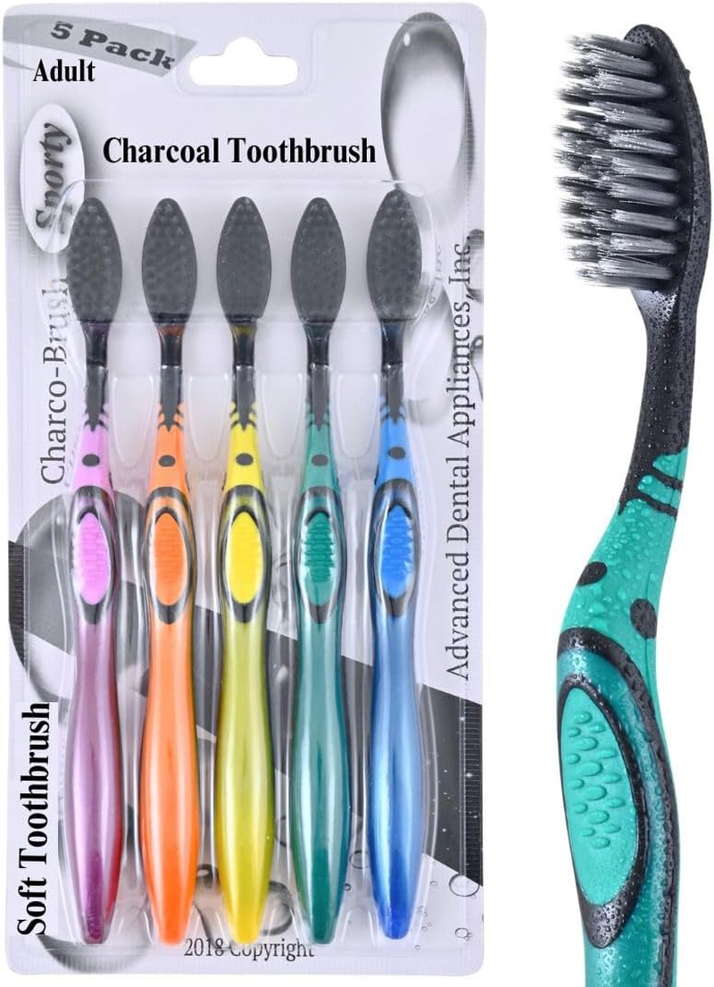ROTATING BRUSH ADA Cavity Defense Activated Charcoal Toothbrush 5 Pack Ultra-Soft Flosspick Bristle for Sensitive Teeth & Gums, Aids in Teeth Whitening, Extra Soft, Easy Grip (5 Count)