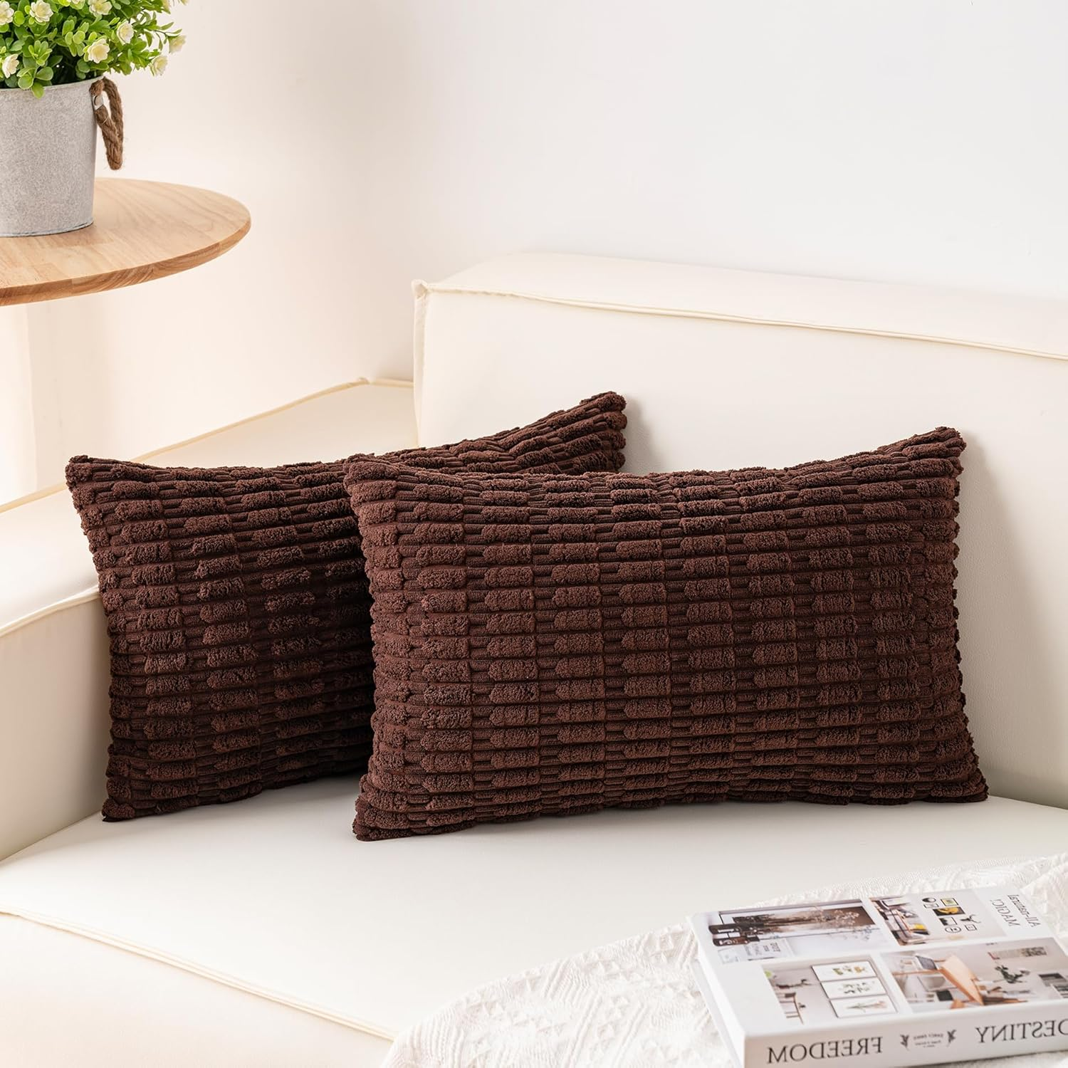 Pack of 2 Corduroy Decorative Throw Pillow Covers 12x20 InchSoft Boho Striped Pillow Covers Modern Farmhouse Home Decor for Sofa Living Room Couch Bed（Dark Brown）