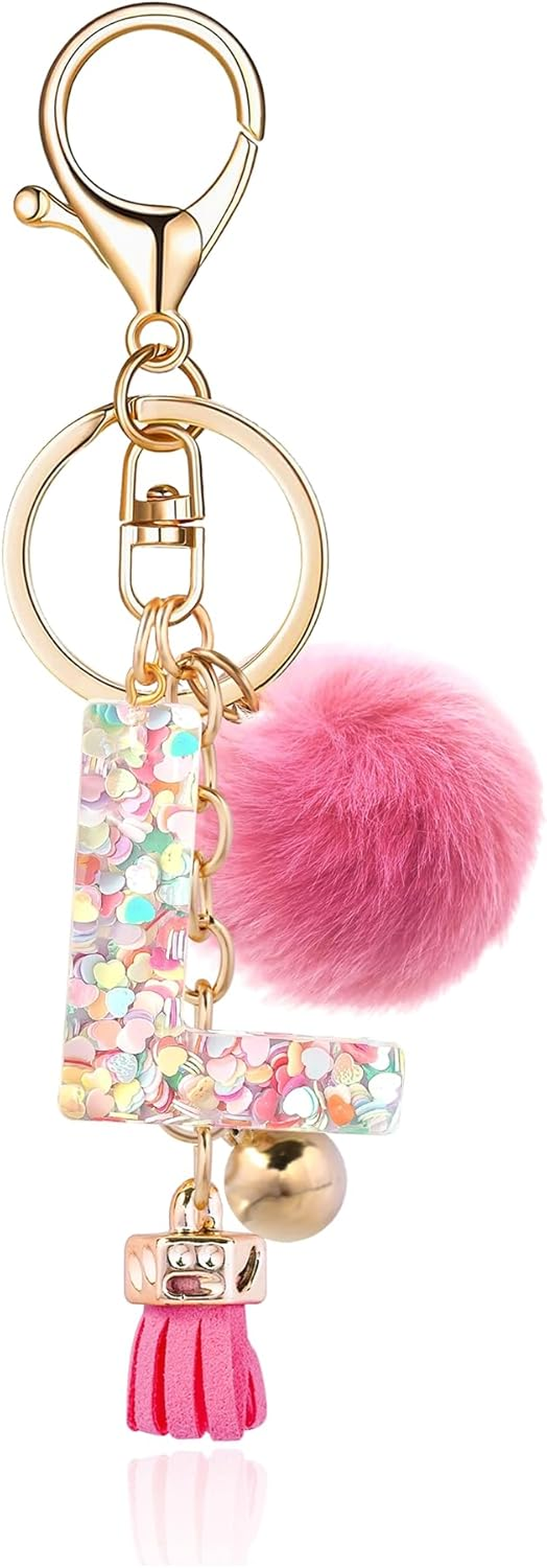 Resin Alphabet Initial Letter Keychain Keyring for Women Purse Handbags With Fur Ball Pom