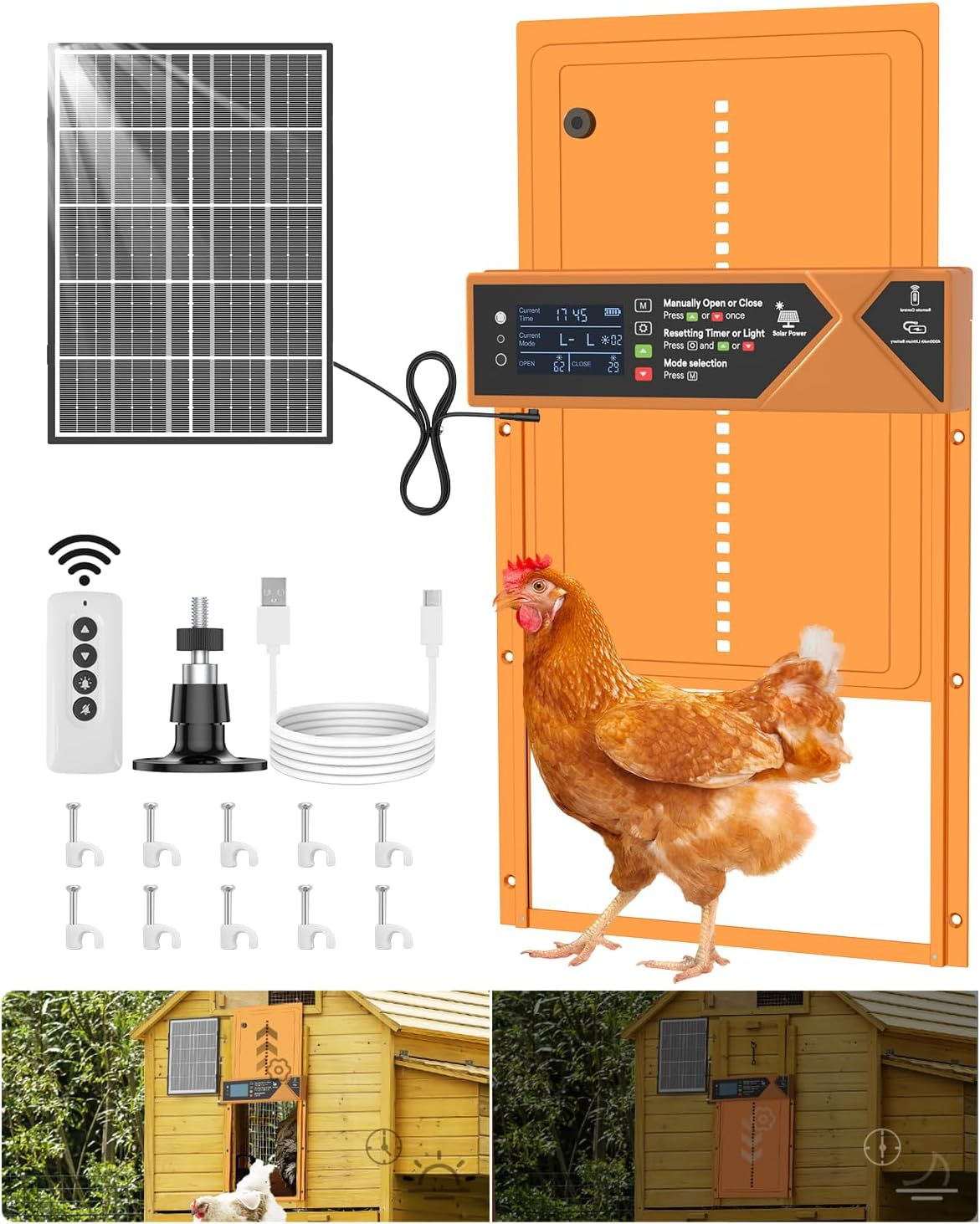 Large Automatic Chicken Coop Door, 4000Mah High Capacity Chicken Coop Door 7W Solar Powered with Timer & Light Sensor, Anti-Pinch Auto-Aluminum Chicken Door with Wire Clip & Remote Control-Orange