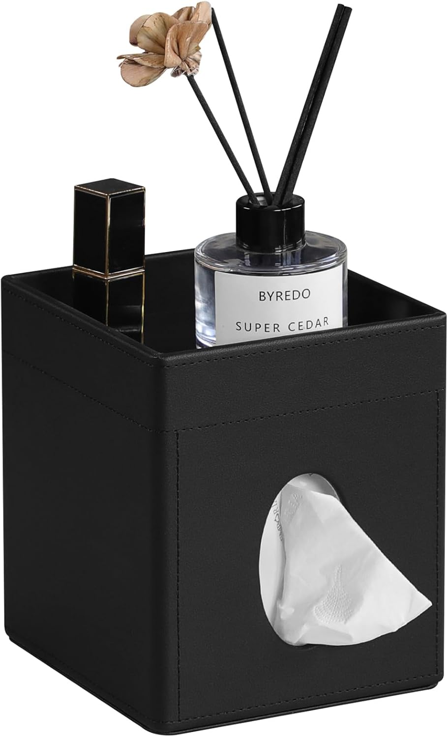 Tissue Box Cover, PU Leather Square Tissue Box Holder with Storage Tray for Bathroom Vanity Countertop Night Stands Bedroom Office Desk, Stylish Tissue Holder Decorative Organizer (Black)