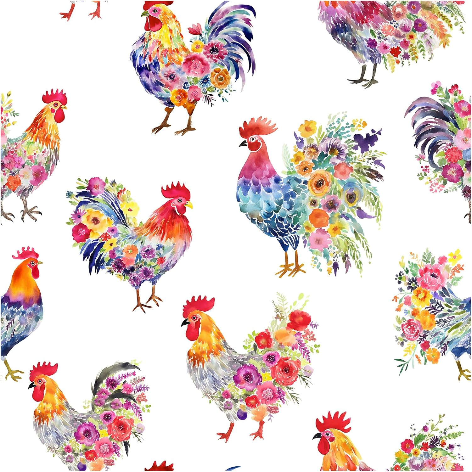 Chicken Wallpaper Peel and Stick Floral Animal Renter Friendly Contact Paper White/Red/Blue for Bathroom 17.3In X 9.8Ft