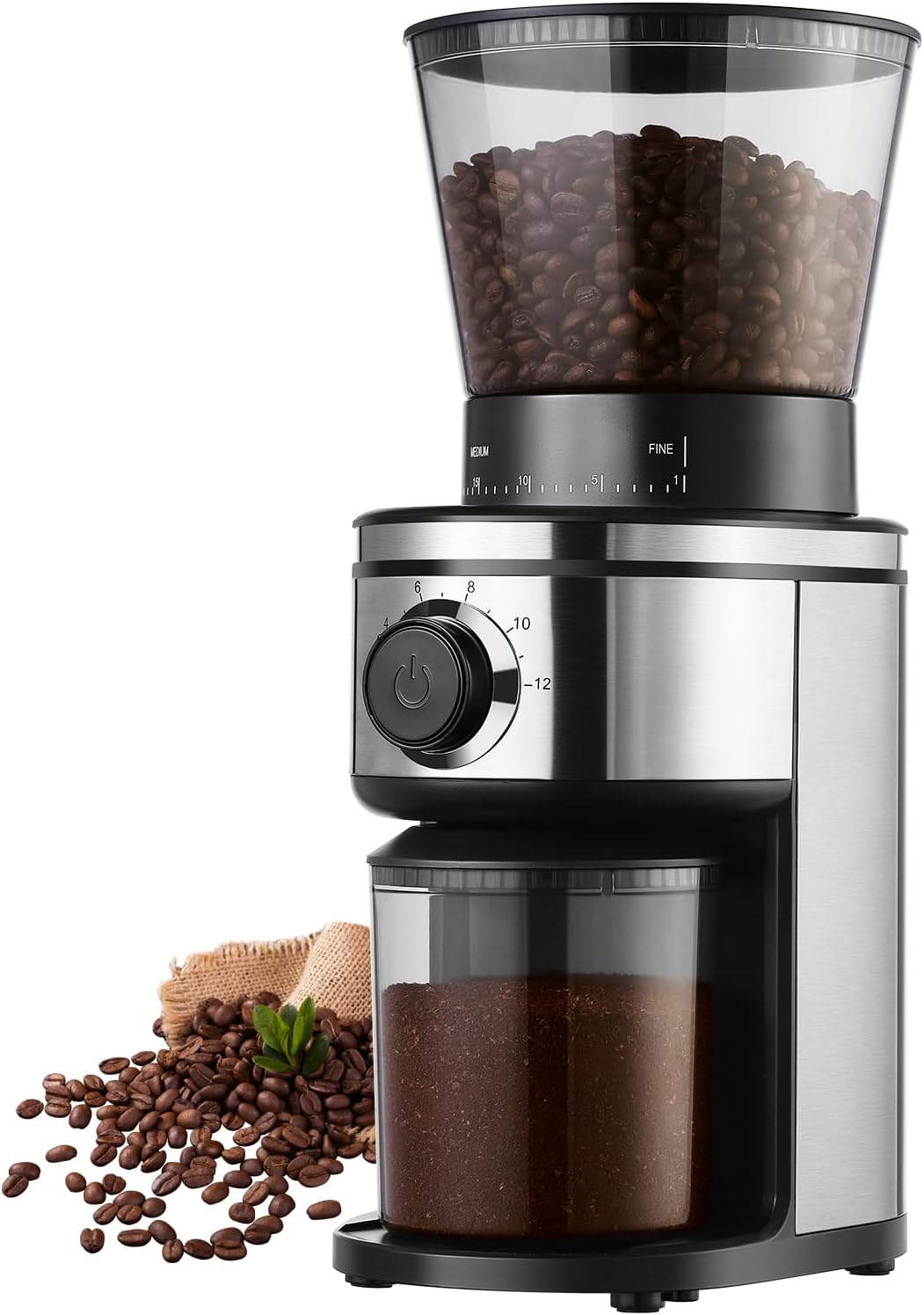 Burr Coffee Grinder, Electric Conical Coffee Bean Grinder with 30 Adjustable Grind Settings for 2-12 Cups, Sliver & Black