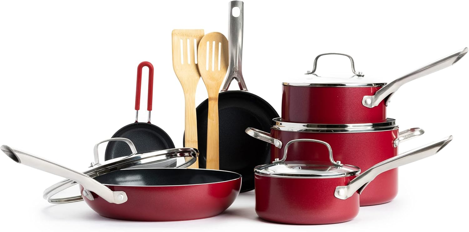 Textured Ceramic Nonstick, 12 Piece Cookware Pots and Pans Set with Stainless Steel Handles, PFAS PFOA & PTFE Free, Dishwasher Safe, Oven & Broiler Safe to 600 Degrees, Red