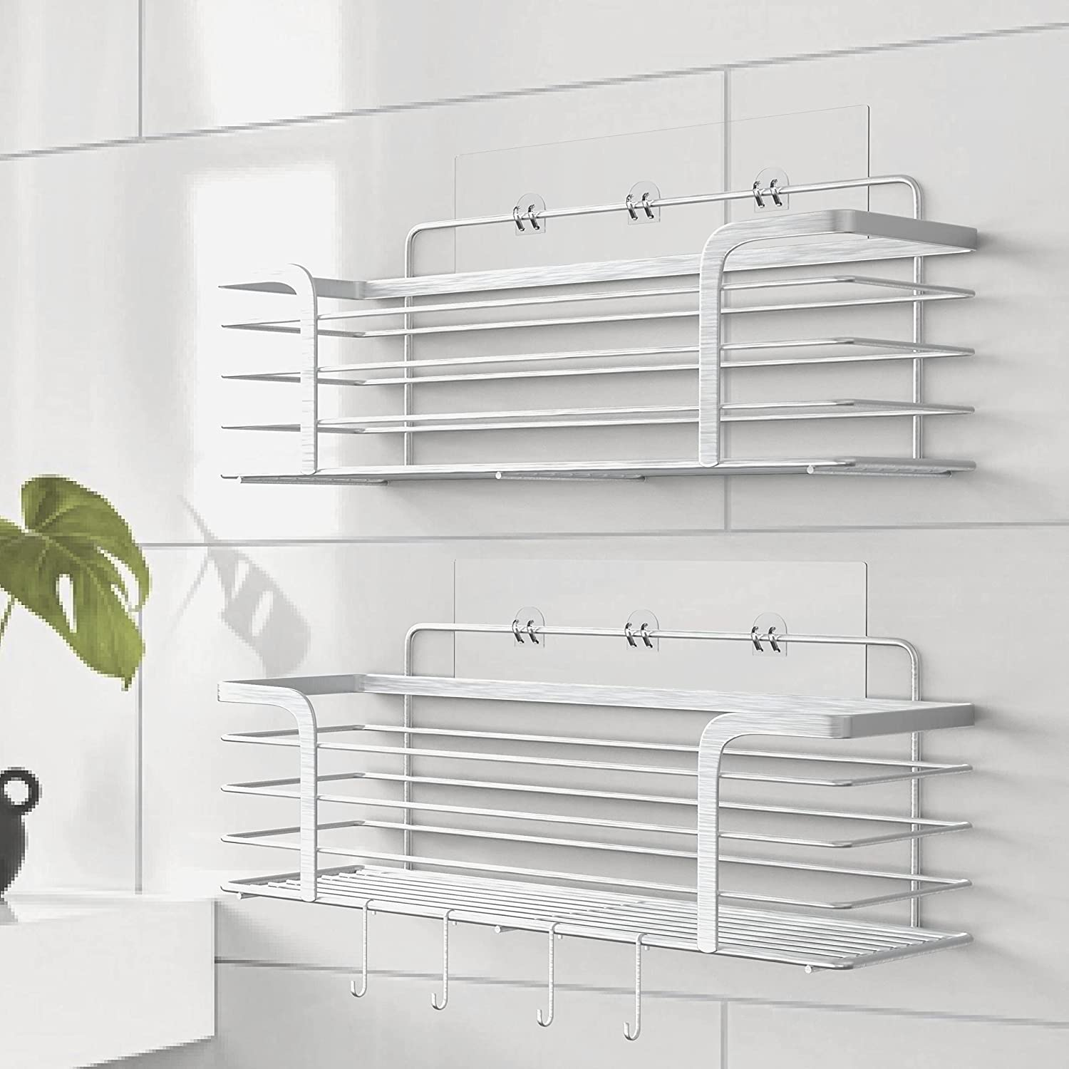Shower Caddy Bathroom Organiser-2 Pack-Self Adhesive Bath & Shower Shelves-No Drilling-Rustproof Stainless Steel Storage Racks for Laundry & Bathroom Accessories -Plus 4 Hooks-Aussie Brand