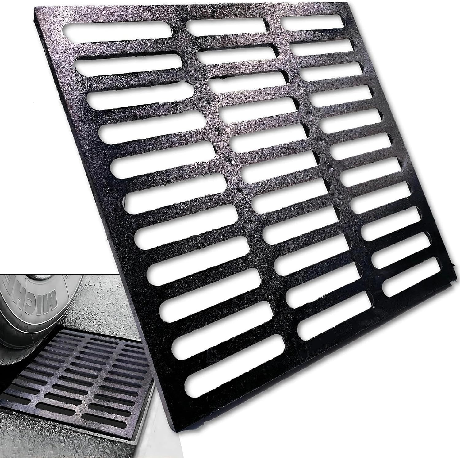 Cast Iron Drain Grate, Driveway Channel Cover 24X24 in | B-Class Heavy-Duty Outdoor Trench Drainage, Black Square Metal Sewer Cover for Garage, Yard, True 23.6X23.6
