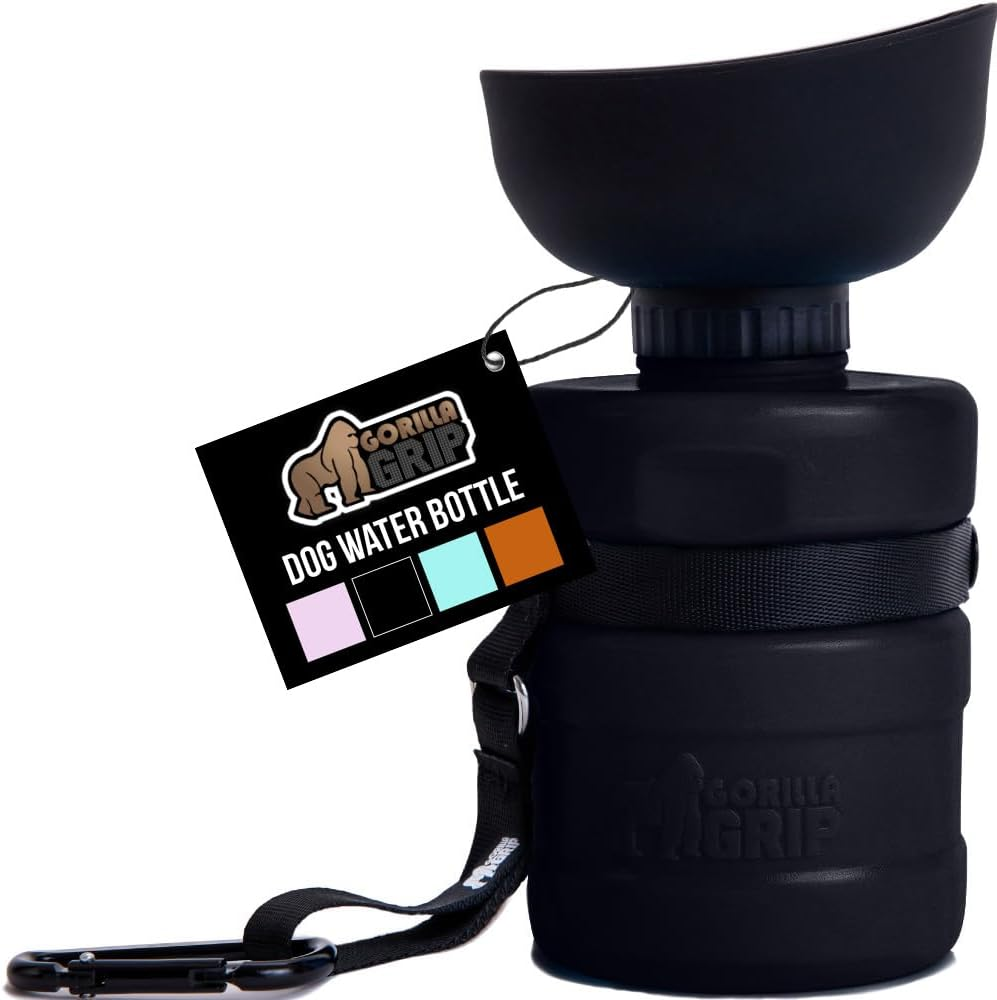GORILLA GRIP Dog Water Bottle, Portable Water Bowl Dispenser for Dogs, 12 Oz Leak Proof Pet Travel Squeeze Bottles Food Grade Silicone, Pet Stocking to Go Puppy Essentials, Black