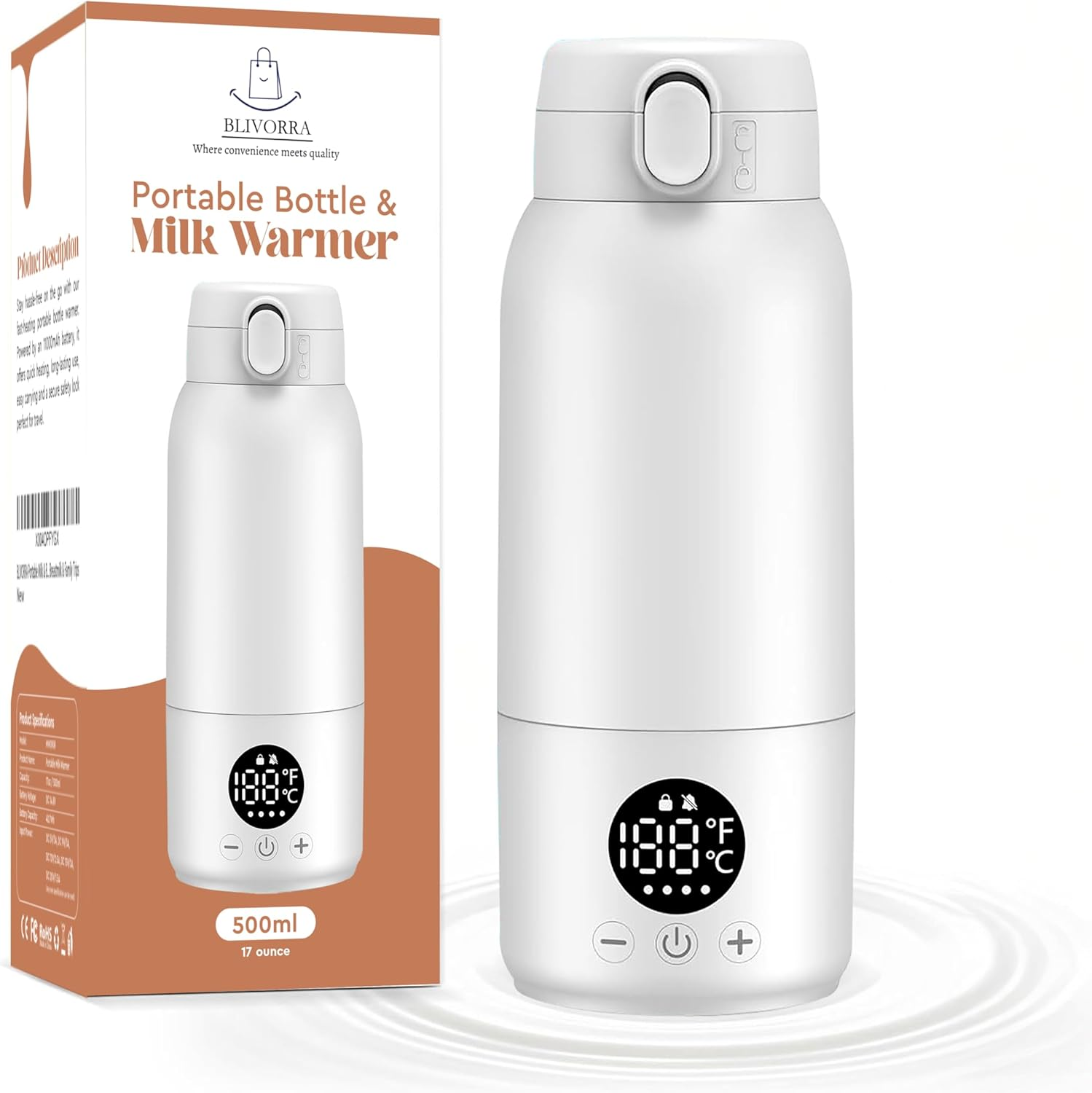 Portable 17Oz Milk Bottle Warmer – 140W Fast USB Heating | 316 Stainless Steel Baby Milk Warmer for Formula & Breastmilk | Temp Display, Long Insulation & Night Light for Travel (White)