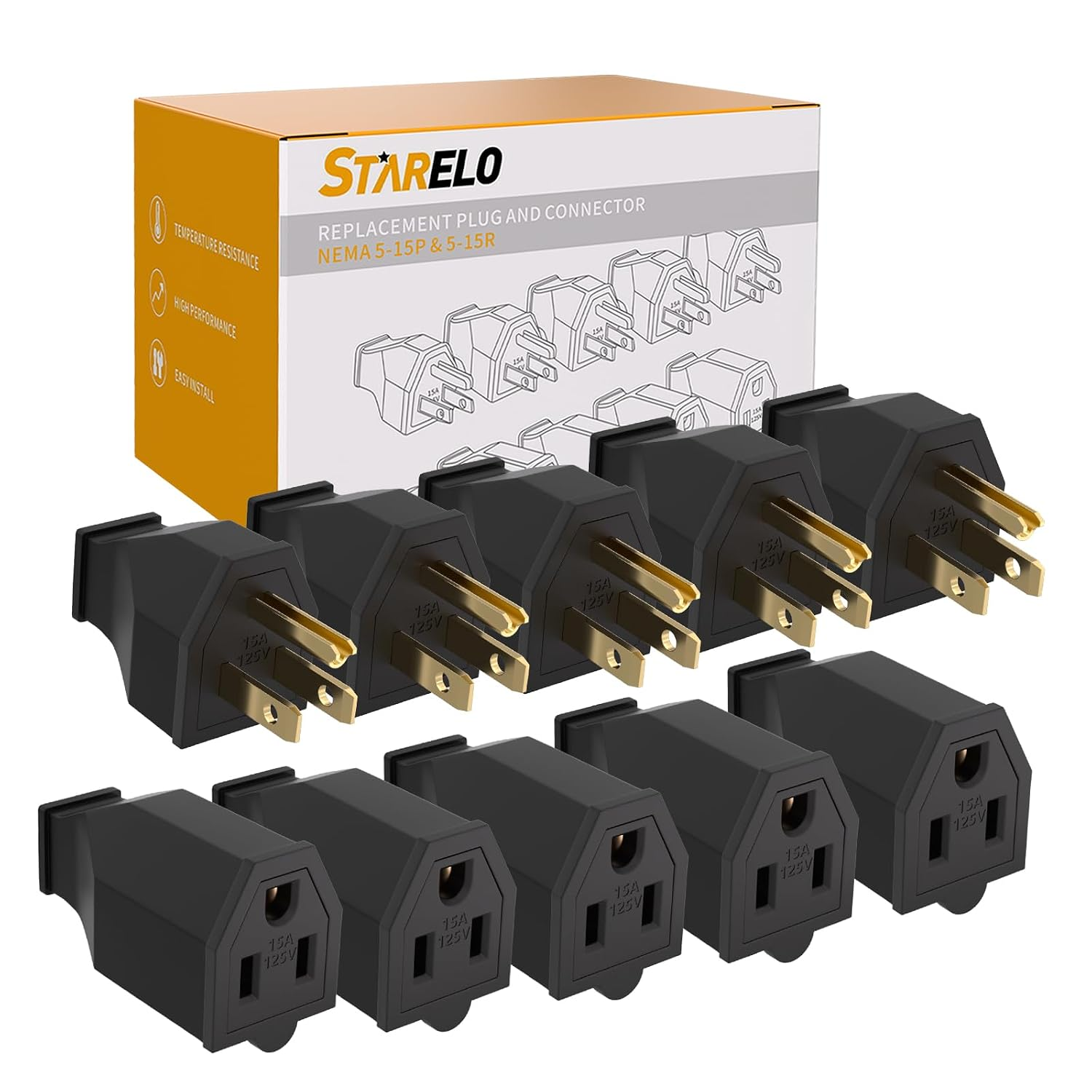 Extension Cord Ends 125V 15A 2Pole 3Wire Male Plug and Female Connector Straight Blade Plug Replacement Electrical Extension Cord End(Male & Female 5 Set)