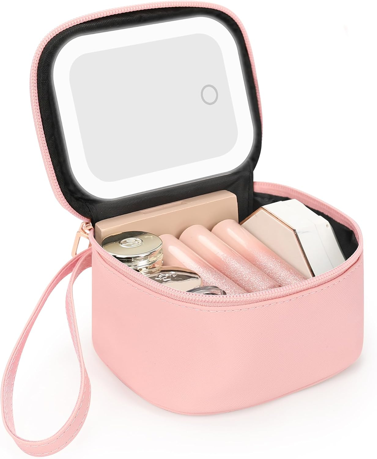 Mini Makeup Bag with Led Mirror, Small Cosmetic Bag with 3 Light Modes, Rechargeable Portable Makeup Pouch with Hands-Free Wrist Strap for Pool Parties丨Work Touch-Ups丨Travel - Pink