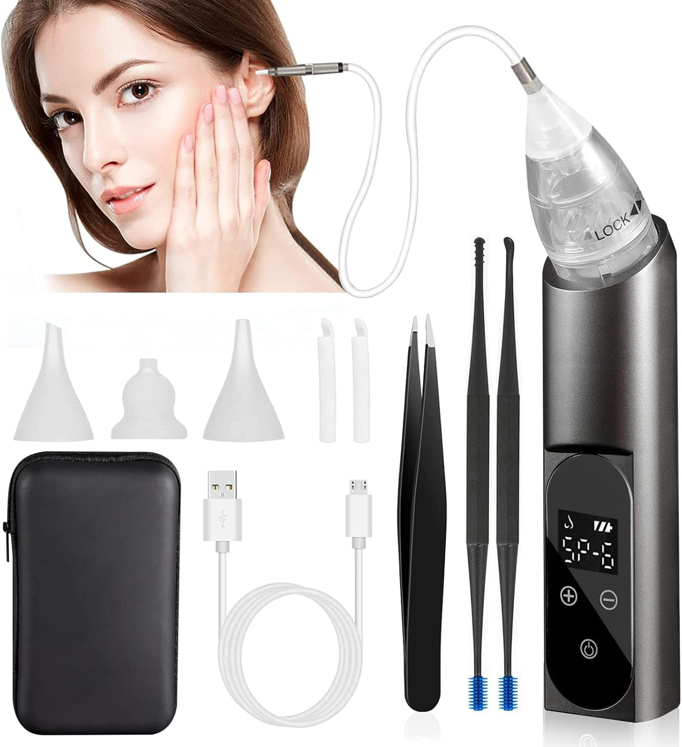 Ear Wax Vacuum Removal Kit with Carrying Case, 6 Levels Electric Strong Suction Ear Vacuum Wax Remover, USB Charge Ear Vacuum Cleaner, Ear Wax Suction Remover Device for Adults and Kids