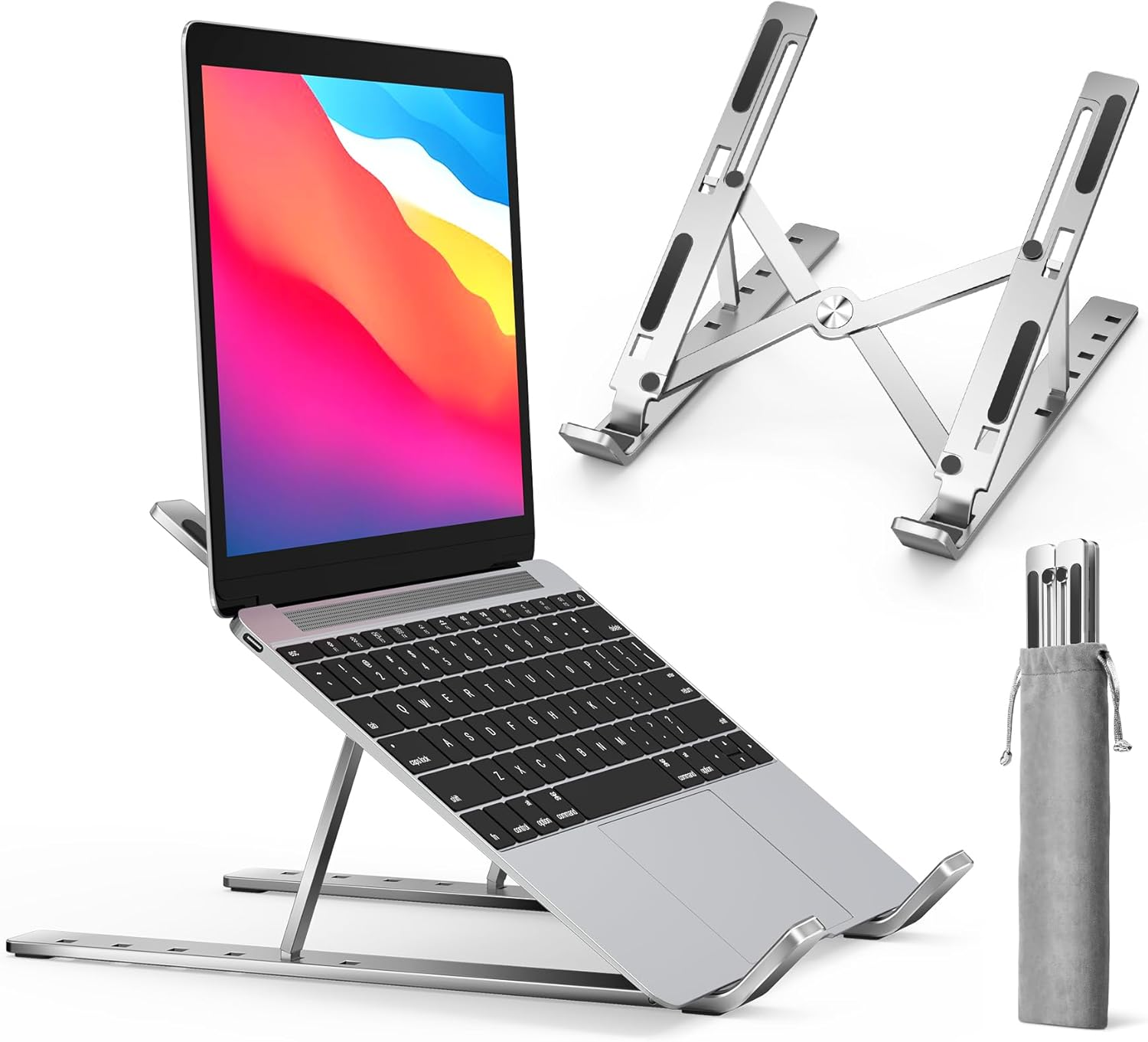 Ivoler Laptop Stand, Laptop Holder Riser Computer Tablet Stand, 6 Angles Adjustable Aluminum Ergonomic Foldable Portable Desktop Holder Compatible with 10-15.6” Macbook,Ipad, HP, Dell, Lenovo Silver