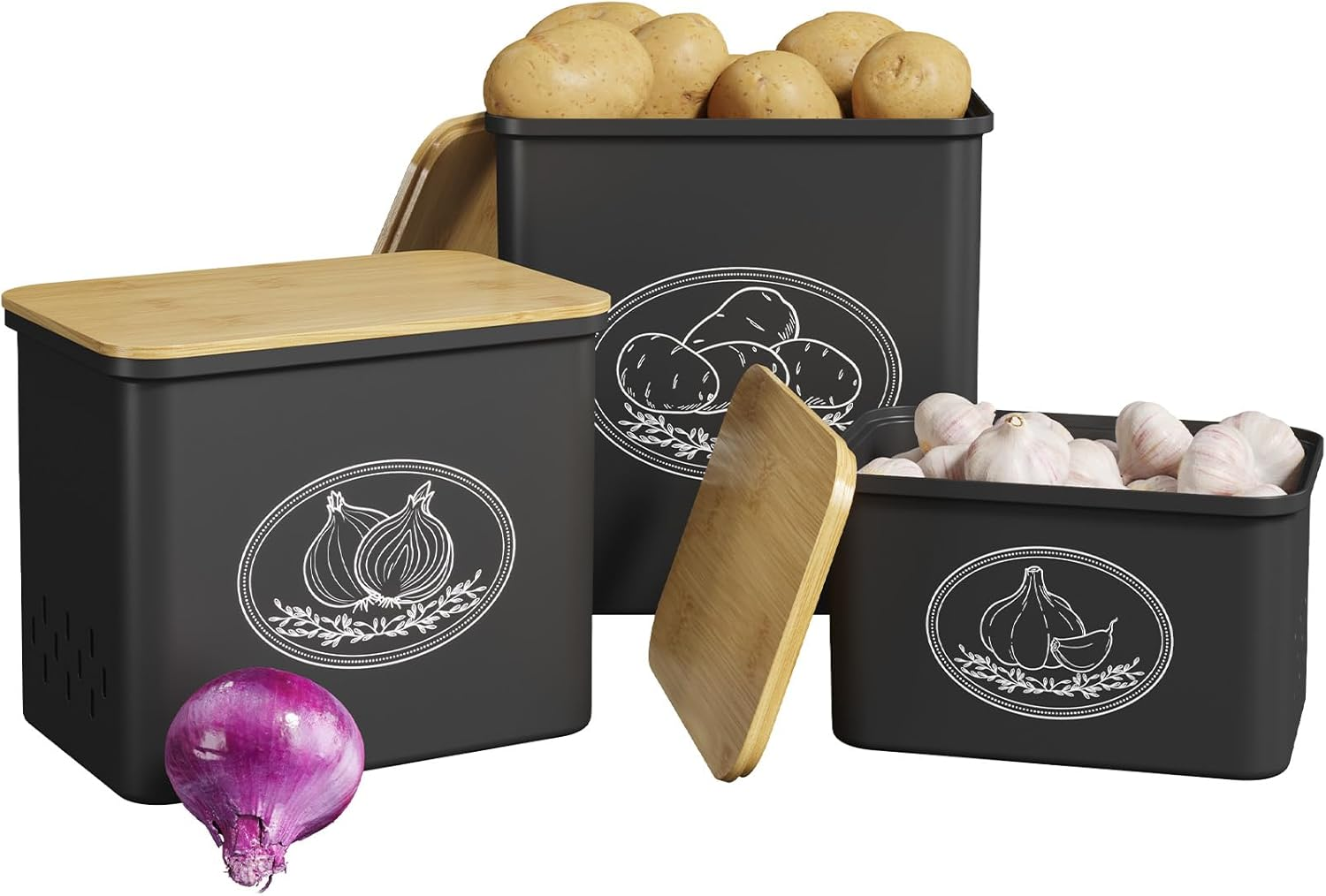 Potato Onion and Garlic Storage Bin, Stackable Vegetable Storage Tins for Pantry Kitchen Countertop, Plastic Canister Keeper with Lid, Set of 3, Black | Stackable Garlic Keeper, Vegetable Container Box, Aerating Holes & Lid for Pantry Countertop
