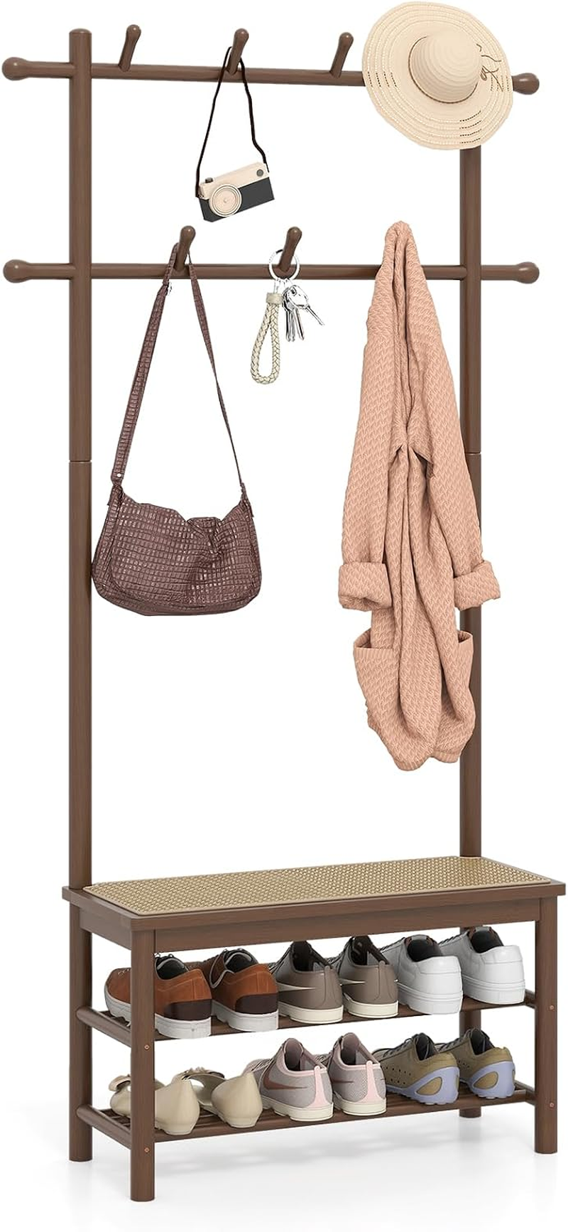 Bamboo Coat Rack Stand, Freestanding Hall Tree Coat Stand with Rattan Shoe Storage Bench, 11 Hooks and Shelves, 170Cm Clothes Rack Hanger Unit for Hallway Entryway Bedroom (Brown)