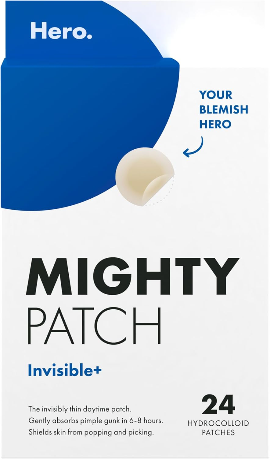 Hero Mighty Patch Invisible+ - Super-Thin & Comfortable - Blends into Your Skin - Great  Daytime - Suitable  Sensitive Skin - Medical Grade Hydrocolloid - 24 Pimple Patches