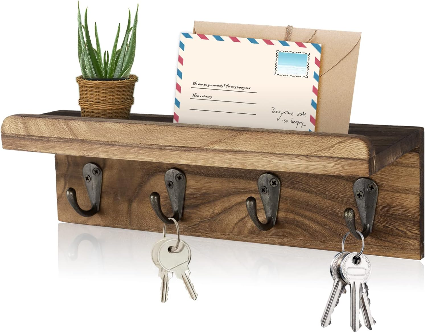 Wooden Key Holder and Mail Organizer for Wall with Shelf and Hooks