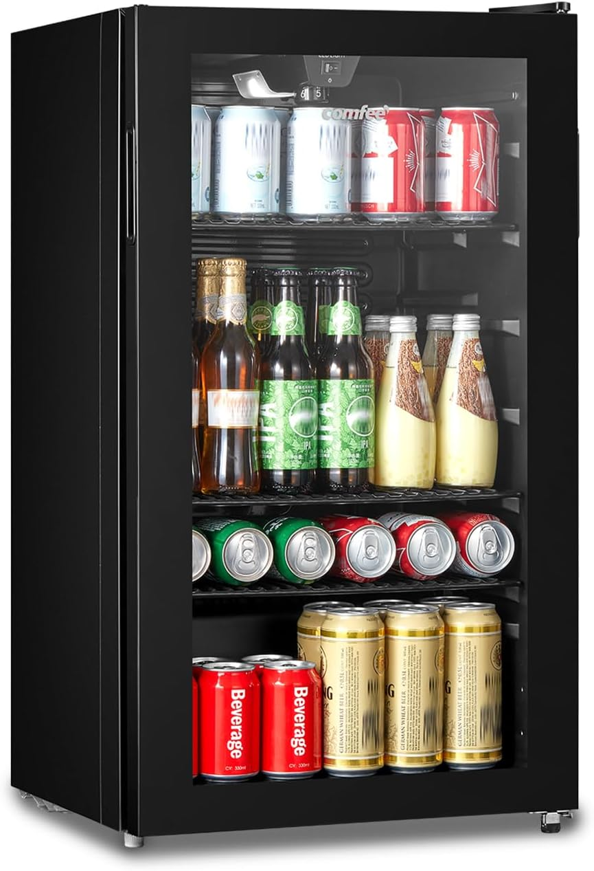 RCZ99BG2(E) under Counter Beer & Drinks Fridge-93L Capacity,Holds up to 115 Cans, Premium Temperature Performance (2℃ to 15℃), Full Length Low-E Glass, Removable Shelves, LED Light, Low Noise