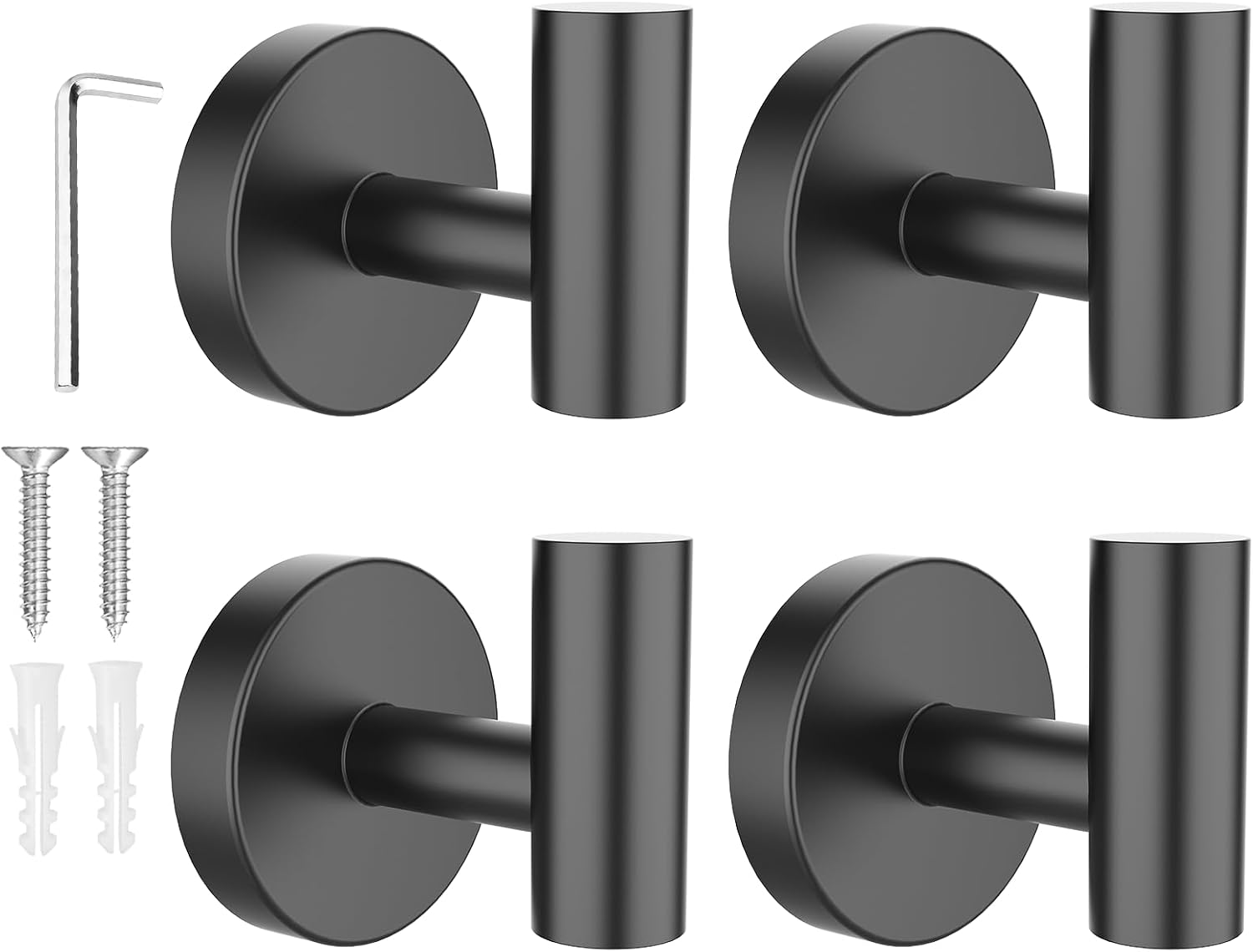 Towel Hooks for Bathrooms 4 Packs Screw-In Matte Black Bathroom Towel Hook Wall Mounted Stainless Steel Shower Towel Hooks for Coat Hanging, Drill Hole