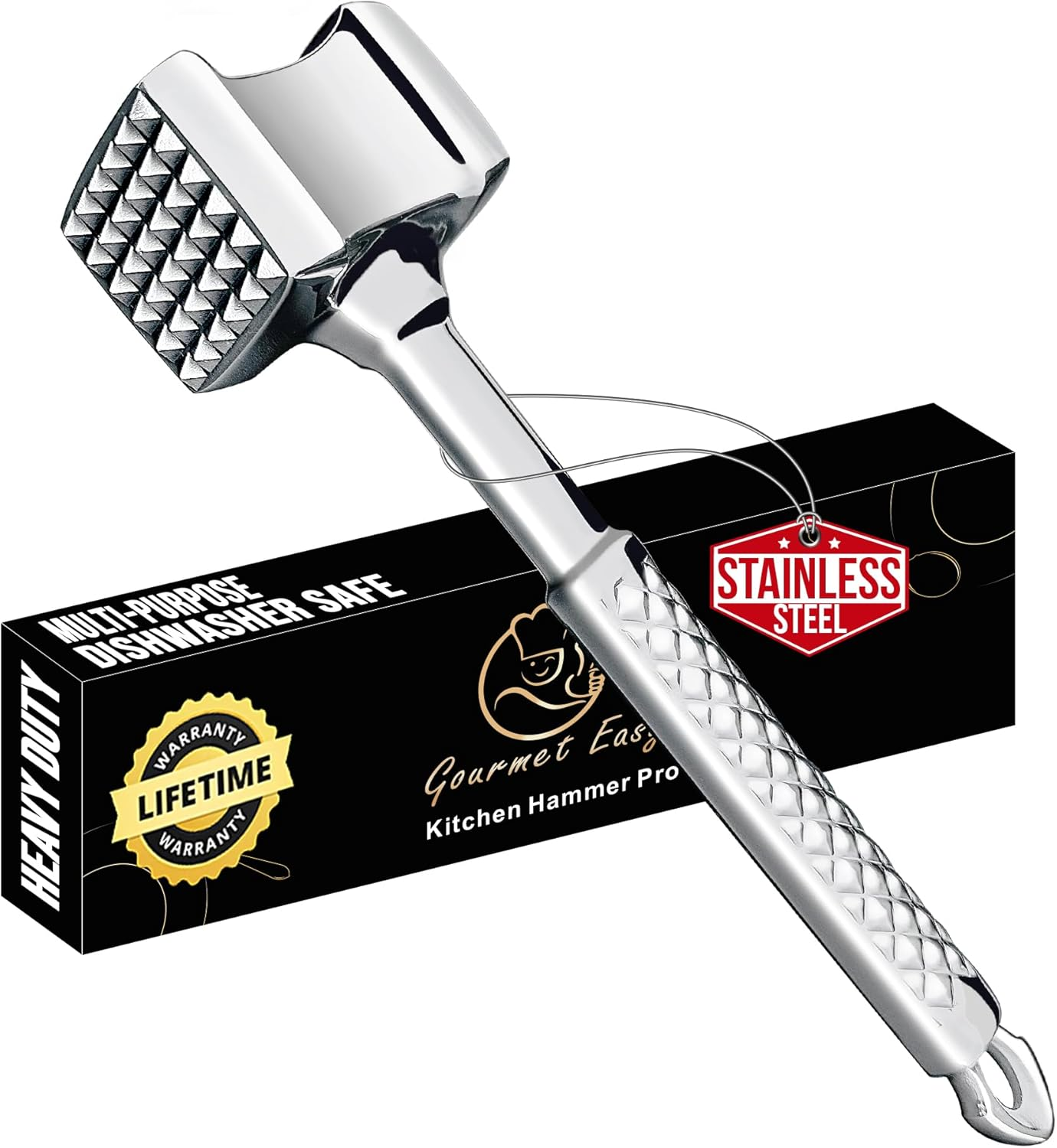 Meat Tenderizer Mallet Stainless Steel, Premium Meat Hammer Tenderizer, Kitchen Mallet for Chicken, Conch, Veal Cutlets & Beef, Steak Pounder Flattener, Non-Slip Grip with 5 Years Warranty