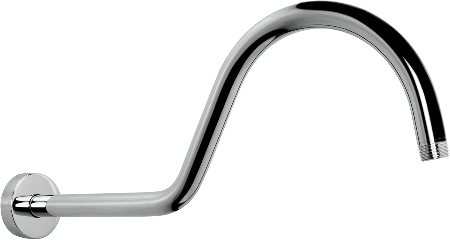Shower Extension Arm with Flange - S Shaped High Arc Gooseneck Long Shower Extender Pipe, Perfect for Rainfall Shower Head - Bathroom Accessory,16 Inch (Chrome Finish)
