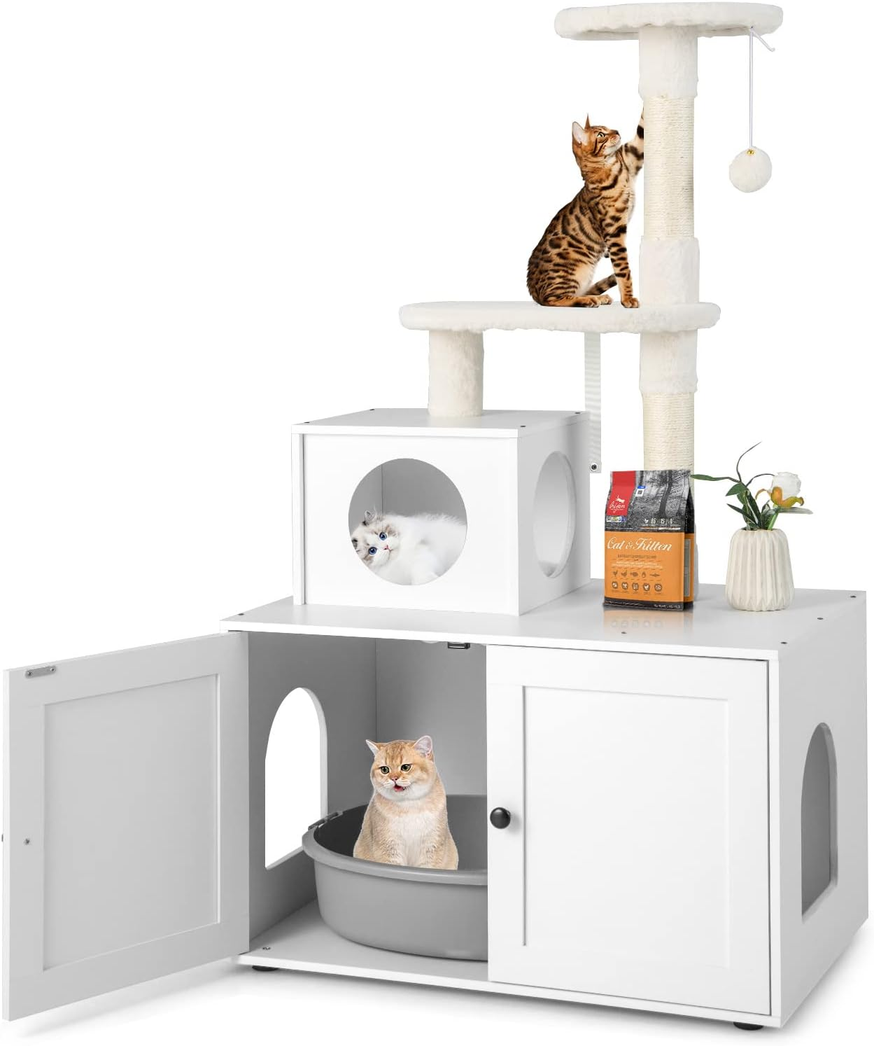 Costway Cat Tree with Litter Box Enclosure, 2-in-1 Modern Cat Tower with Cat ... - Picture 12 of 14
