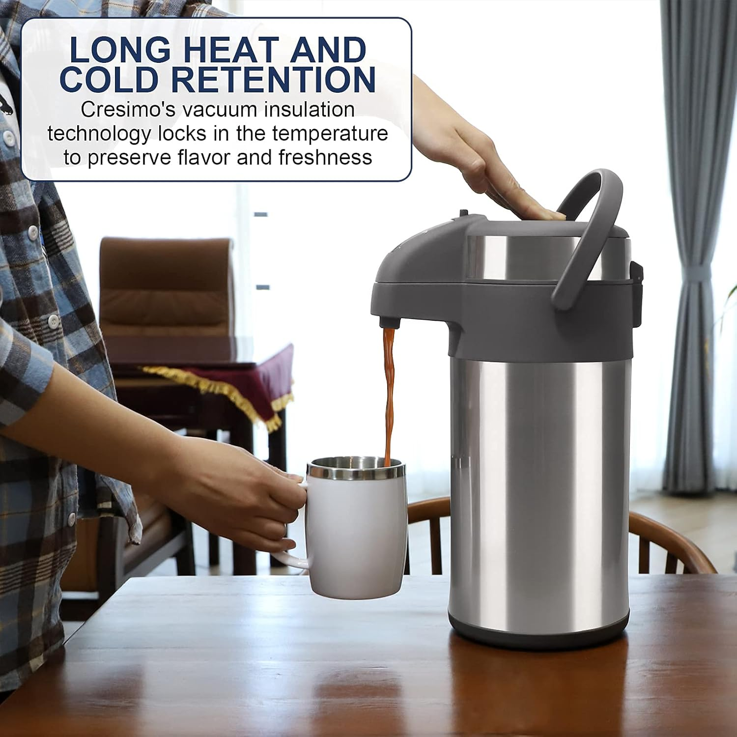 Olerd 4.0 Litre Pump Jugs Thermos Flasks Coffee Dispenser, Stainless Steel Do... - Picture 5 of 13